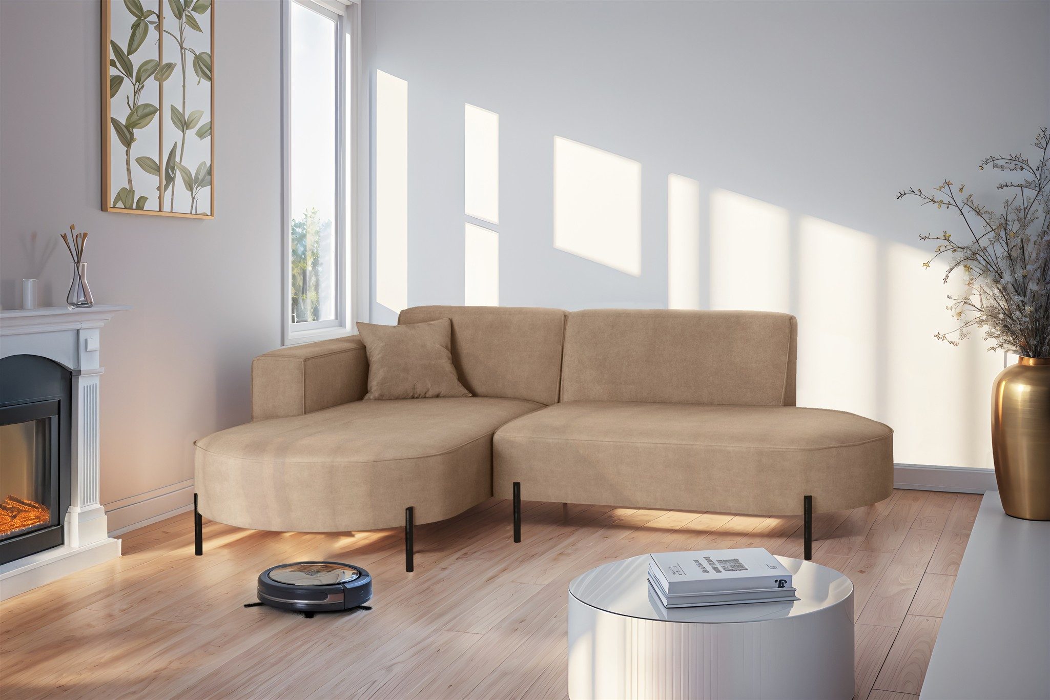 Fun Möbel Ecksofa Designersofa Sofa FUN MALAGA XS in Stoff Noel, Ottomane Links oder Rechts, Komforthöhe für Saugroboter