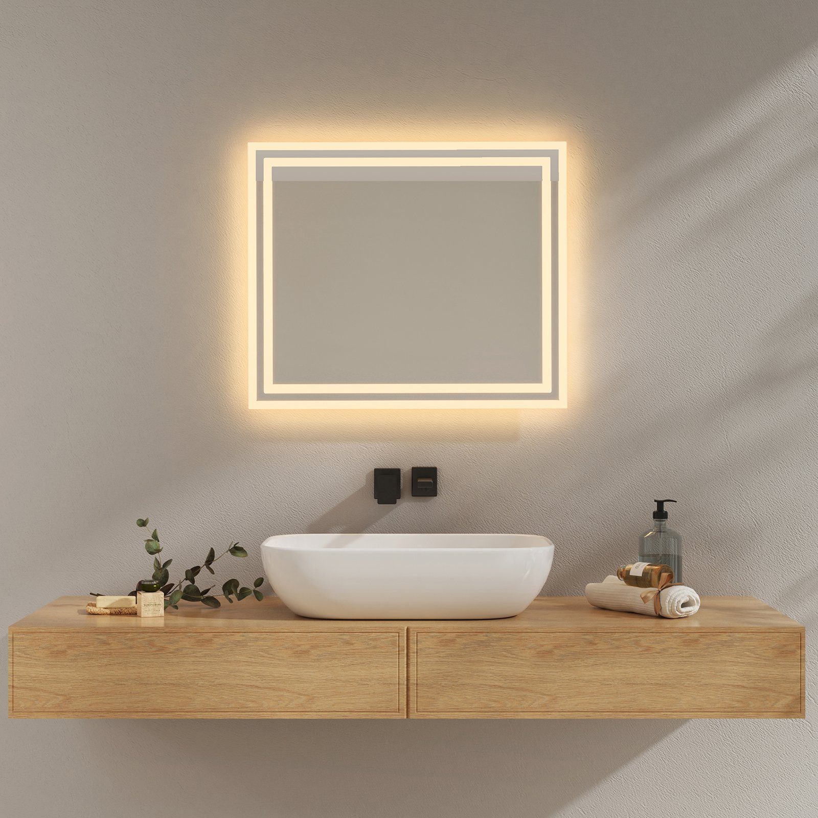 EMKE Badspiegel mit 2 Badezimmerspiegel des Druckknopfschalter Beleuchtung Wandspiegel, LED Beschlagfrei, Farben Lichts, Badspiegel