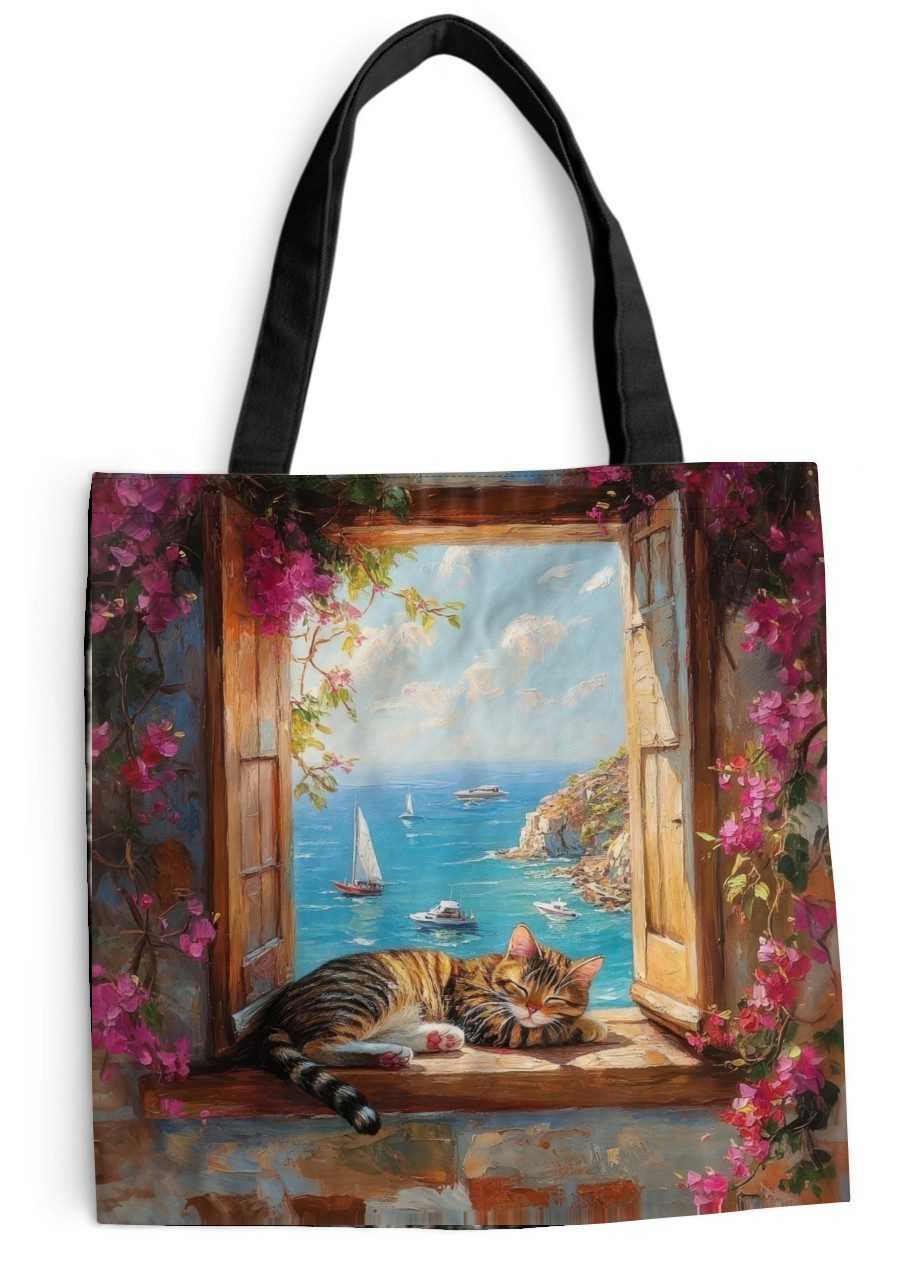 MuchoWow Shopper Katze - Blaues Meer - Rosa Blumen, Handtasche, Damen und Herren, Schultertasche, Umhängetasche, Tote Bag