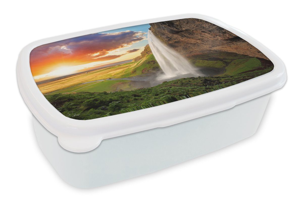 MuchoWow Lunchbox Wasserfall - Felsen - Sonnenuntergang - Berge - Orange, Kunststoff, (2-tlg), Brotbox für Kinder und Erwachsene, Brotdose, für Jungs und Mädchen weiß