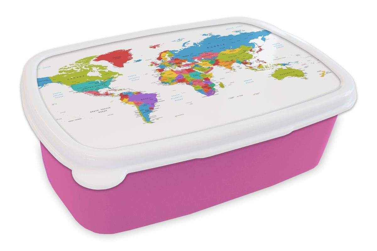 MuchoWow Lunchbox Weltkarte - Einfach - Topographie, Kunststoff, (2-tlg), Brotbox für Erwachsene, Brotdose Kinder, Snackbox, Mädchen, Kunststoff rosa