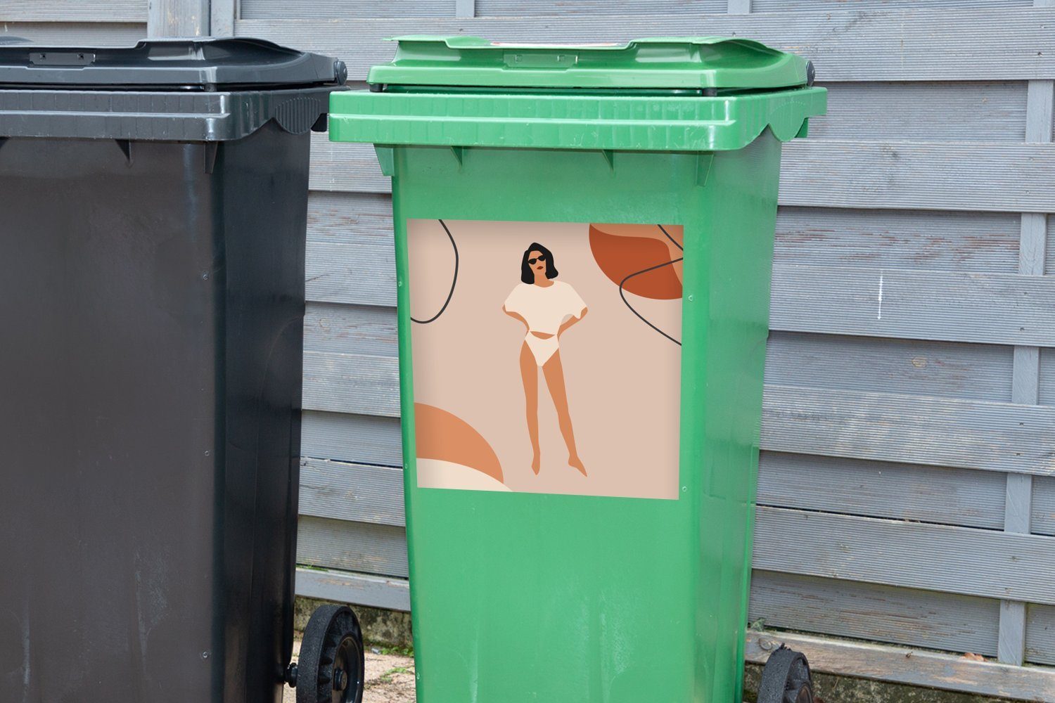 MuchoWow Wandsticker Sommer - Abfalbehälter St), Container, Sticker, - (1 Abstrakt Mülleimer-aufkleber, Mülltonne, Frau