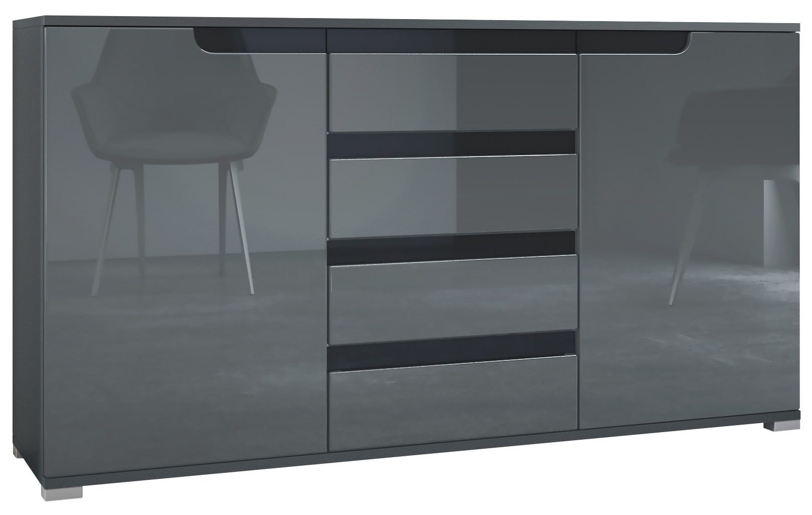 Vladon Sideboard Sylt V1 (Kommode mit 2 Türen und 4 Schubladen, Korpus - Anthrazit matt / Front - Grau Hochglanz), Absetzung - Schwarz Hochglanz (138,5 x 75,5 x 35 cm)