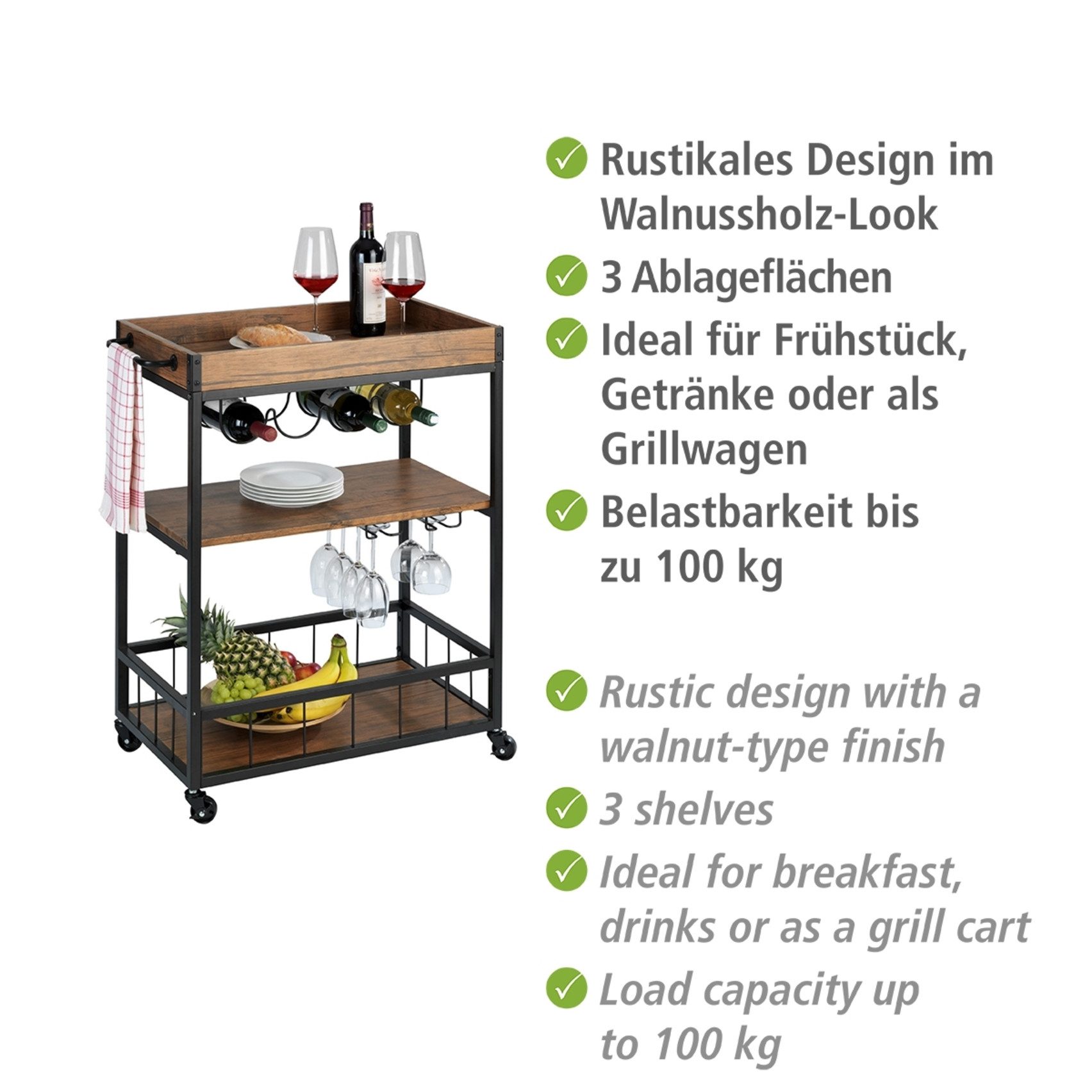 WENKO Servierwagen Modell Rustico, Küchenwagen mit Weinglashalter und Flaschenhalter