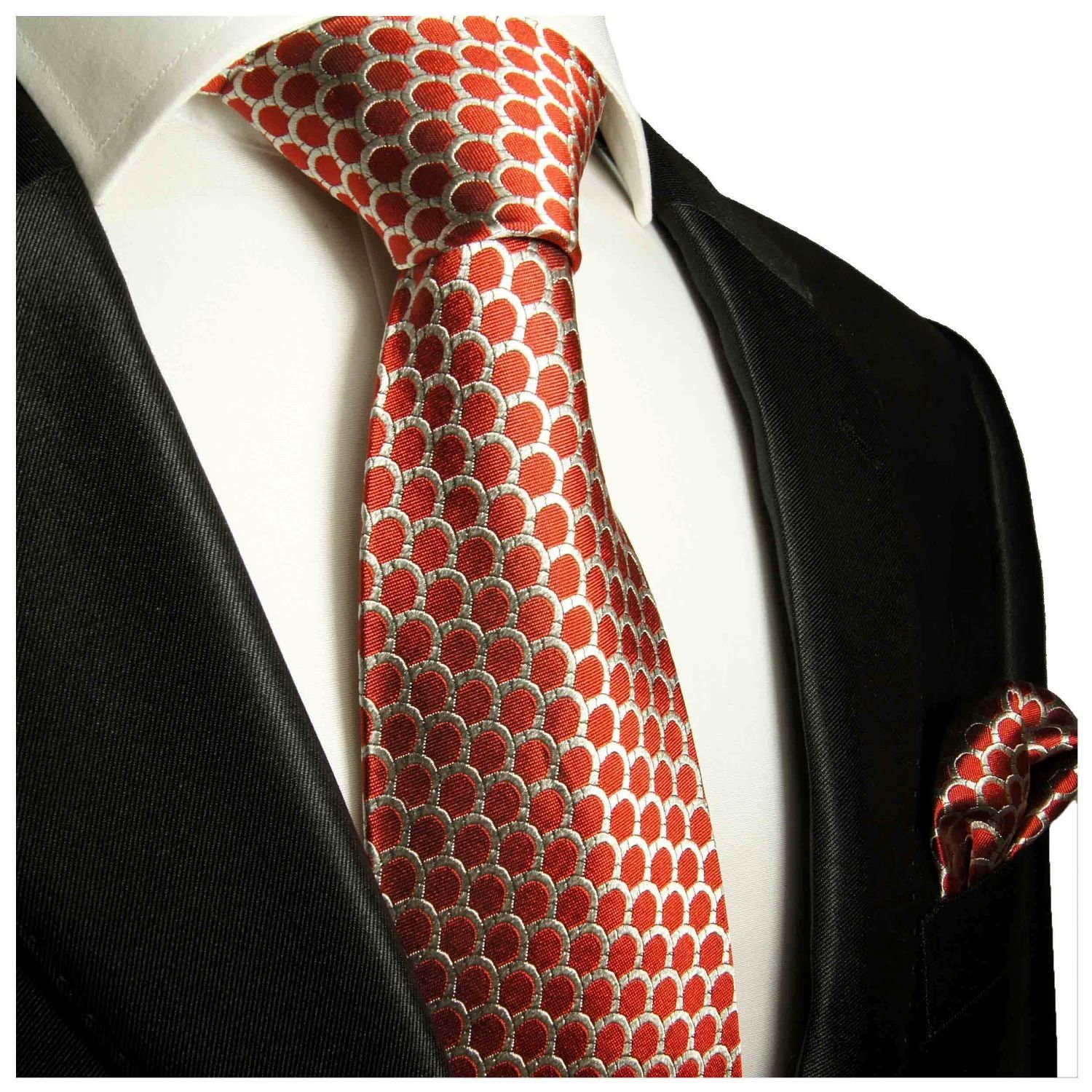 Paul Malone Krawatte Herren Seidenkrawatte mit Tuch modern gepunktet 100%  Seide (Set, 2-St., Krawatte mit Einstecktuch) Schmal (6cm), rot 300