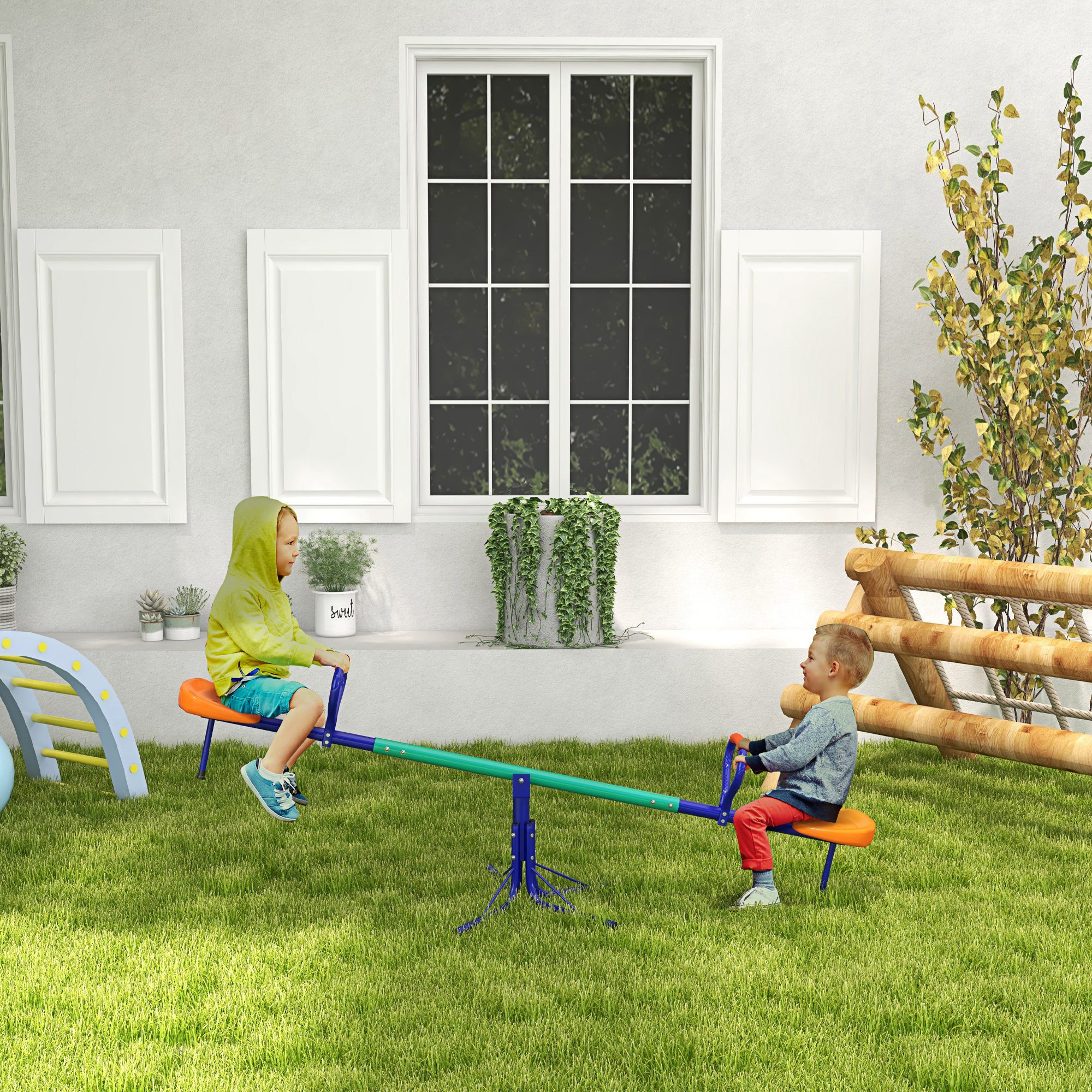 Outsunny Wippe Outdoor Kinder (360° drehbare Kinderwippe, 1-tlg., Kinder Gartenwippe) für 3-8 Jahre Kinder Stahl Kunststoff Mehrfarbig 192x60x60 cm