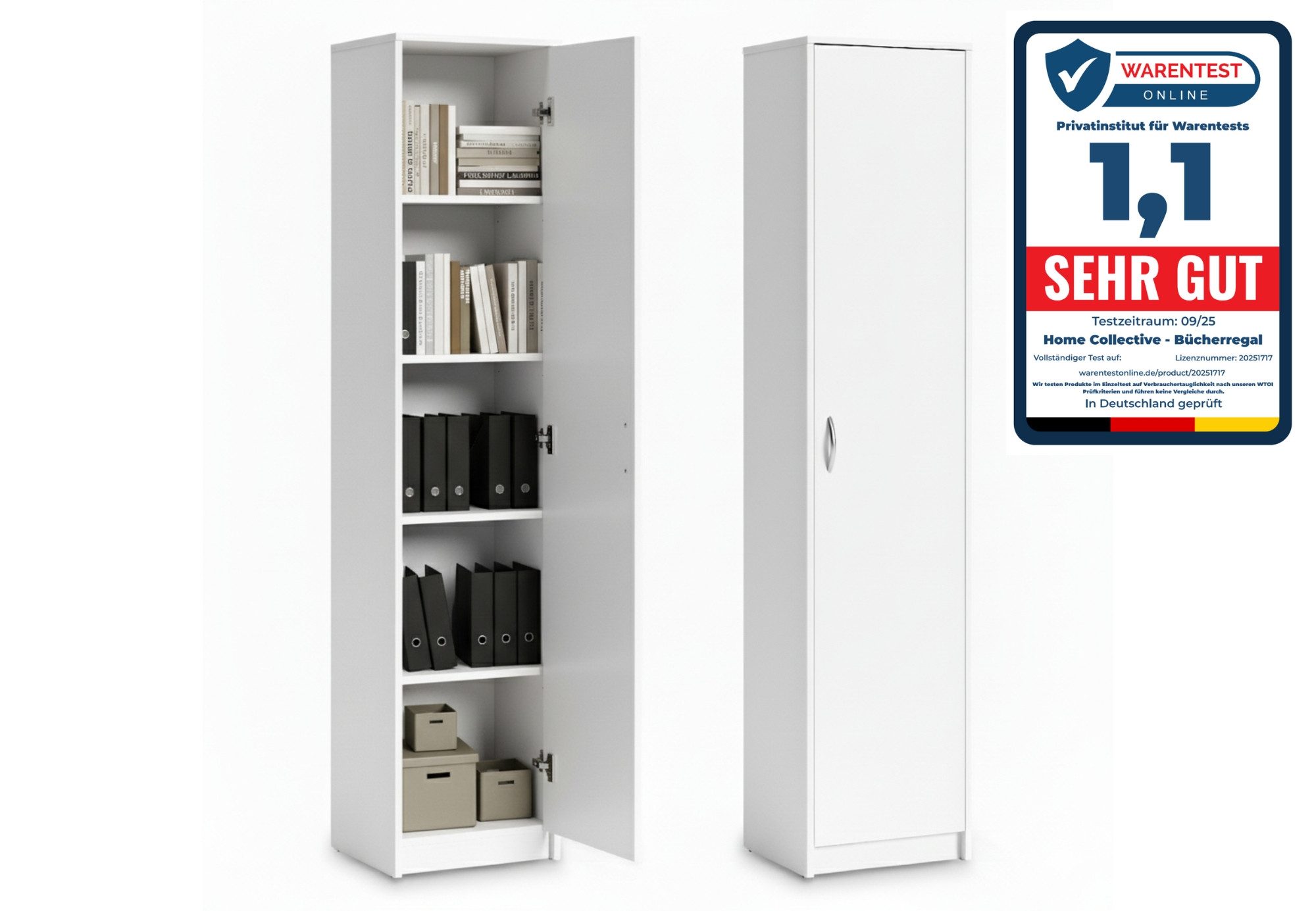 Home Collective Aktenschrank Bücherregal Kleiderschrank Regal 40cm breit 180cm hoch Schrank (Regal Wand schmal Holz für Schlafzimmer Flur Keller Büro) Mehrzweckschrank mit 4 verstellbaren Einlegeböden Aktenschrank weiß