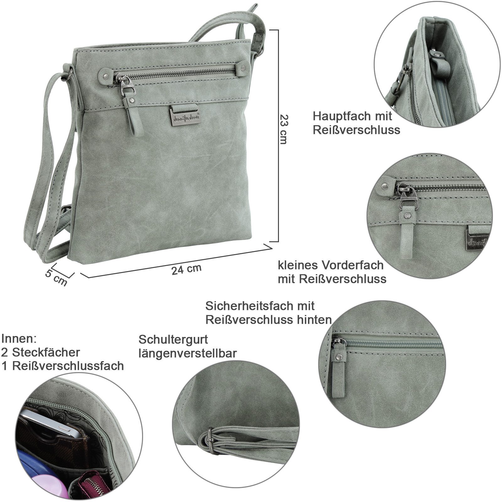 J JONES JENNIFER JONES Umhängetasche - Kleine elegante Damen Schultertasche - Crossbody Bag, leicht