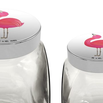 Mr. & Mrs. Panda Vorratsglas L 870ml Flamingo Stolz - Weiß - Geschenk, Süßigkeitendose, Snackdose, Premium Glas, (1-tlg), Eigene Motive