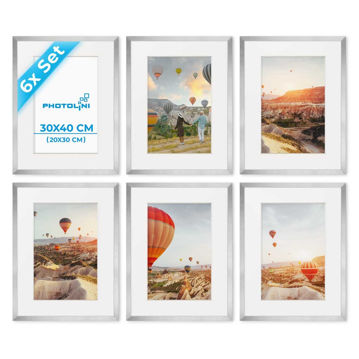 PHOTOLINI Bilderrahmen Sets 30x40 cm aus MDF Holz mit Acrylglas & Zubehör, für 6 Bilder (6er Set), 6er Set Silber mit Passepartouts für Bilder in 20x30 cm
