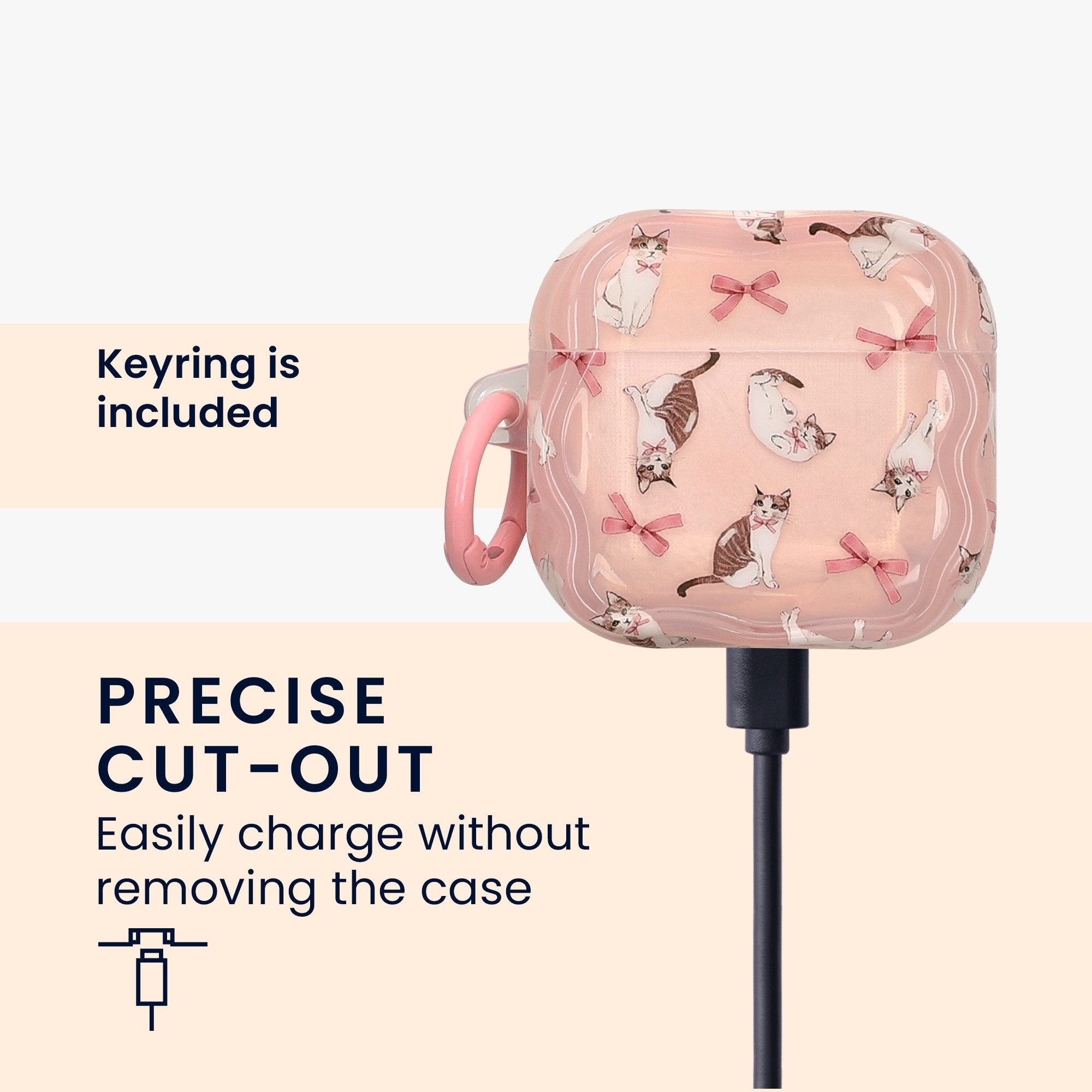 kwmobile Kopfhörer-Schutzhülle In-Ear Kopfhörer Case für Apple Airpods 4, Hülle mit Karabiner - Headphones Case - Katze mit Bänder Design – Bild 4 von 5