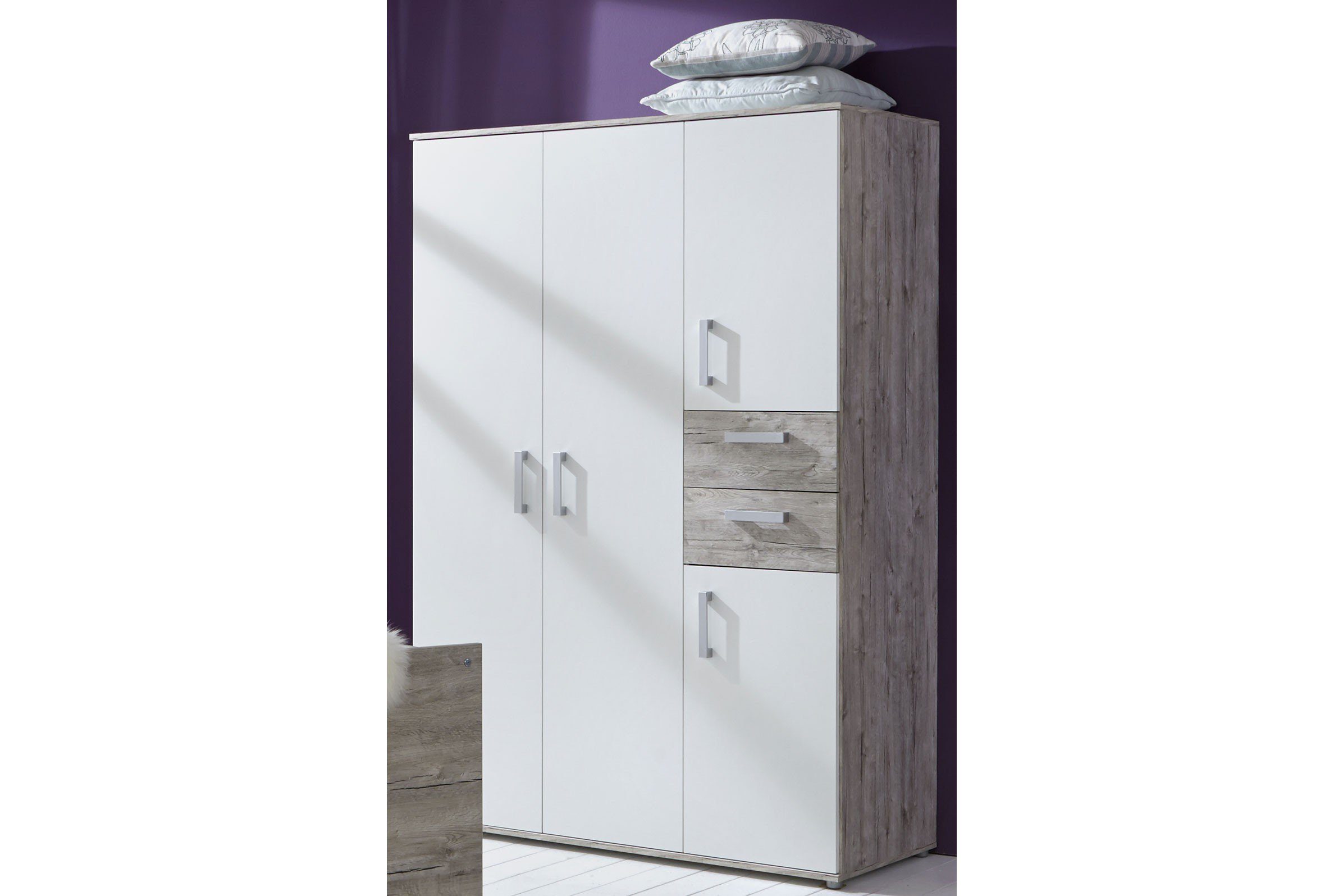 möbel-direkt.de Babyzimmer-Komplettset Bente in Eiche Sand und Weiß, (Komplett Set, 6-tlg., Kleiderschrank, Babybett, Umbauseiten, Wickelkommode, Regale), Made in Germany, haptische und pflegeleichte Oberfläche