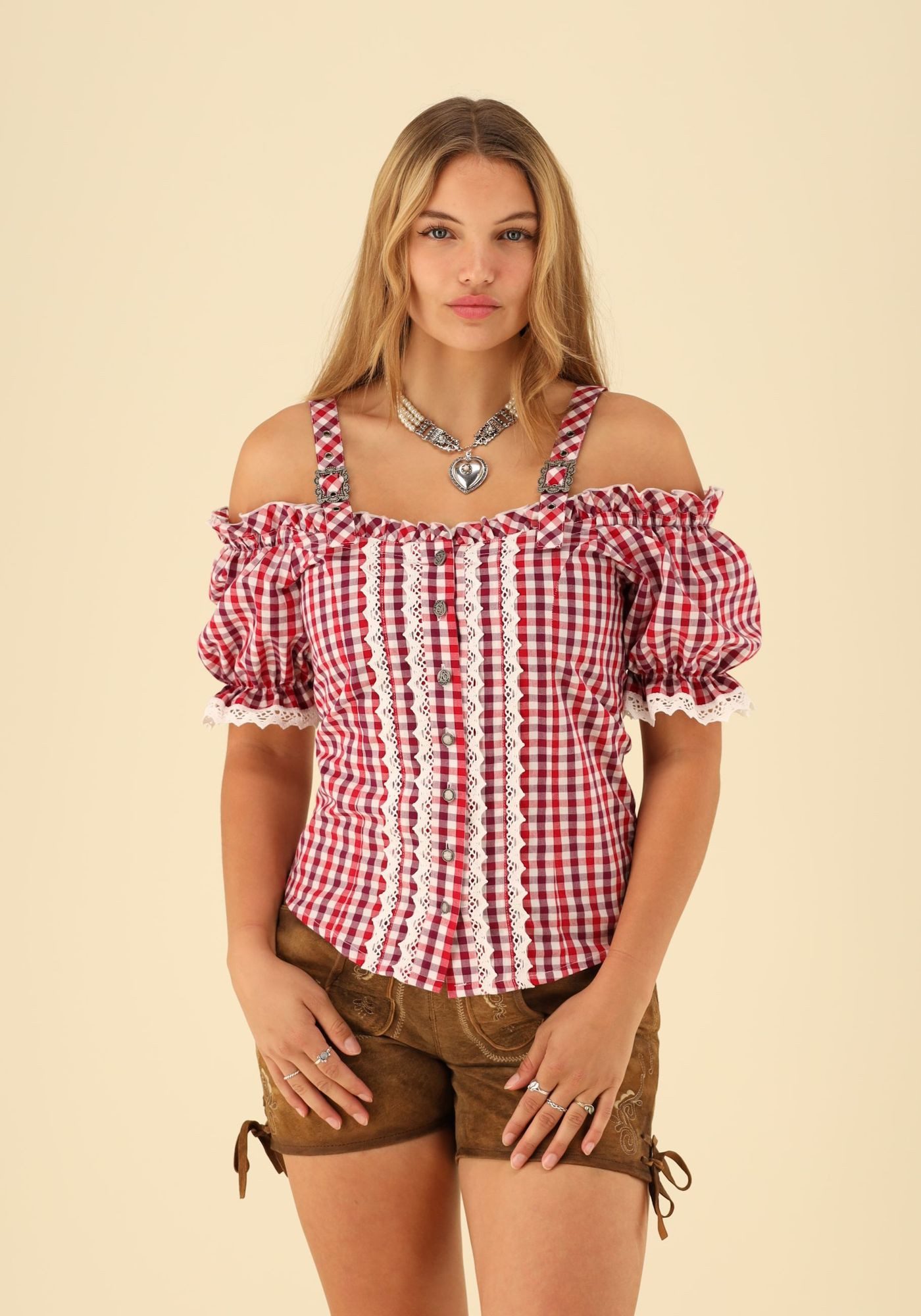 OS Trachten Trachtenbluse Batoya Tailliert, Träger mit Schnallen, 1/2-Arm, Puffärmel, Spitze, Rüschen