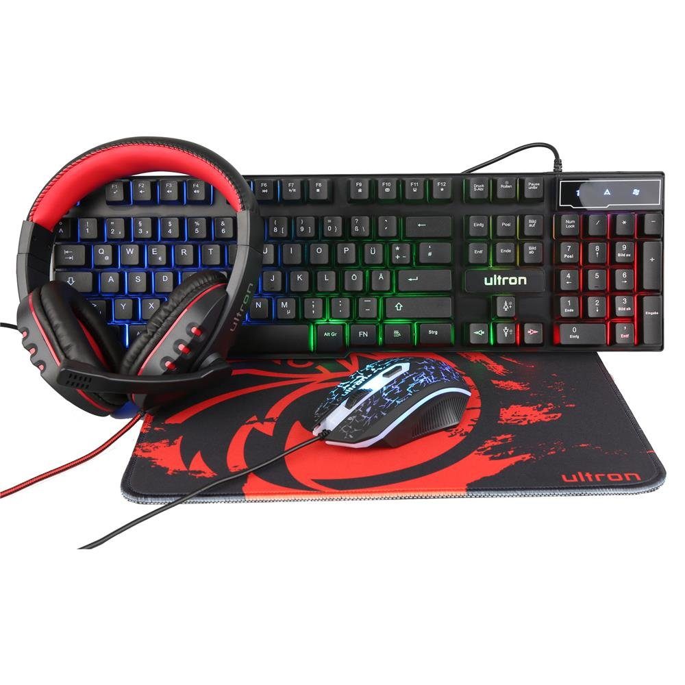 Ultron HAWK 4in1 Gaming Set Tastatur-, Maus- und Mauspad-Set, (Gaming 4in1 Set, Tastatur + Maus + Mauspad + Headset), Gaming Tastatur, Gaming Maus, 3200 dpi, USB, beleuchtet, LED Beleuchtung, XXL Gaming Mauspad / Mausmatte, Gaming Headset, Klinke, Kabelfernbedienung, schwarz / rot, Gaming Set