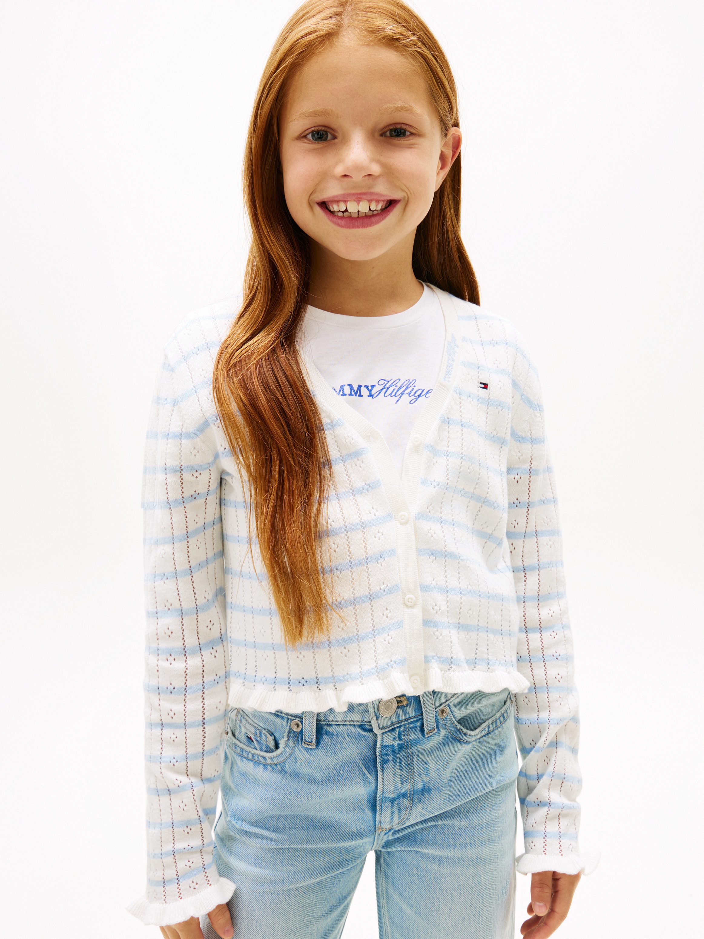 Tommy Hilfiger Strickjacke POINTELLE CARDIGAN Kinder bis 16 Jahre, mit Rüschen, regular fit