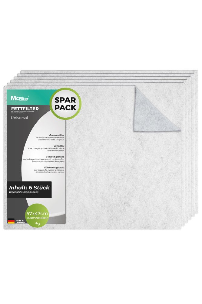 McFilter Fettfilter (6 Stück) Universal Dunstfilter Фильтры 57 x 47cm, Zubehör für alle handelsüblichen Dunstabzugshauben, extra speicherfähig, zuschneidbar, Schwer entflammbar nach DIN 53438