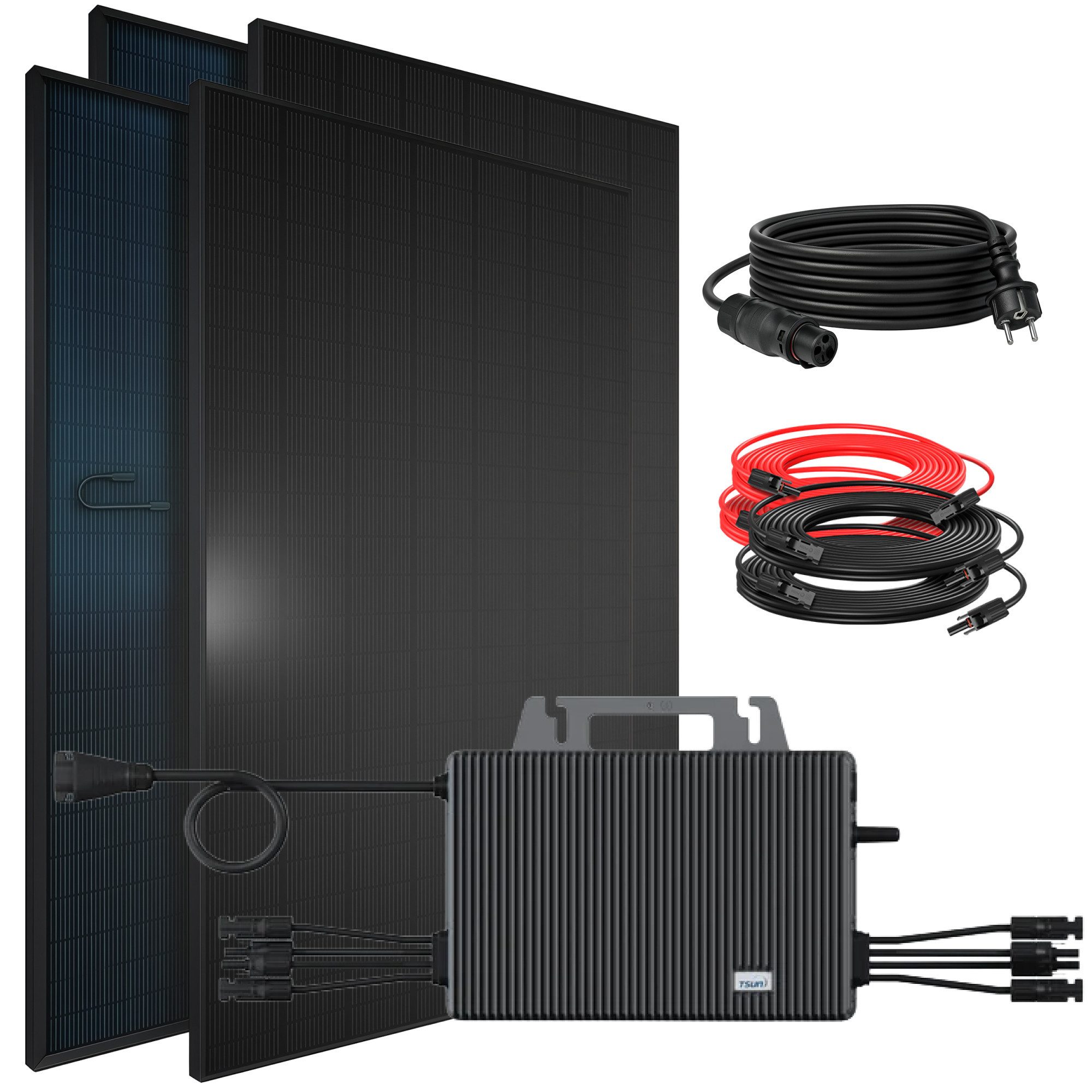 SUNNIVA Balkonkraftwerk 1840W BIFAZIAL FULLBLACK komplett Steckdose, (TSUN 2000 Watt Wechselrichter, Solaranlage Komplettset, 4x 460W N-Type Glas-Glas Bifacial Solarmodule, 5m Kabel, 4x 2.5m Solarkabel)