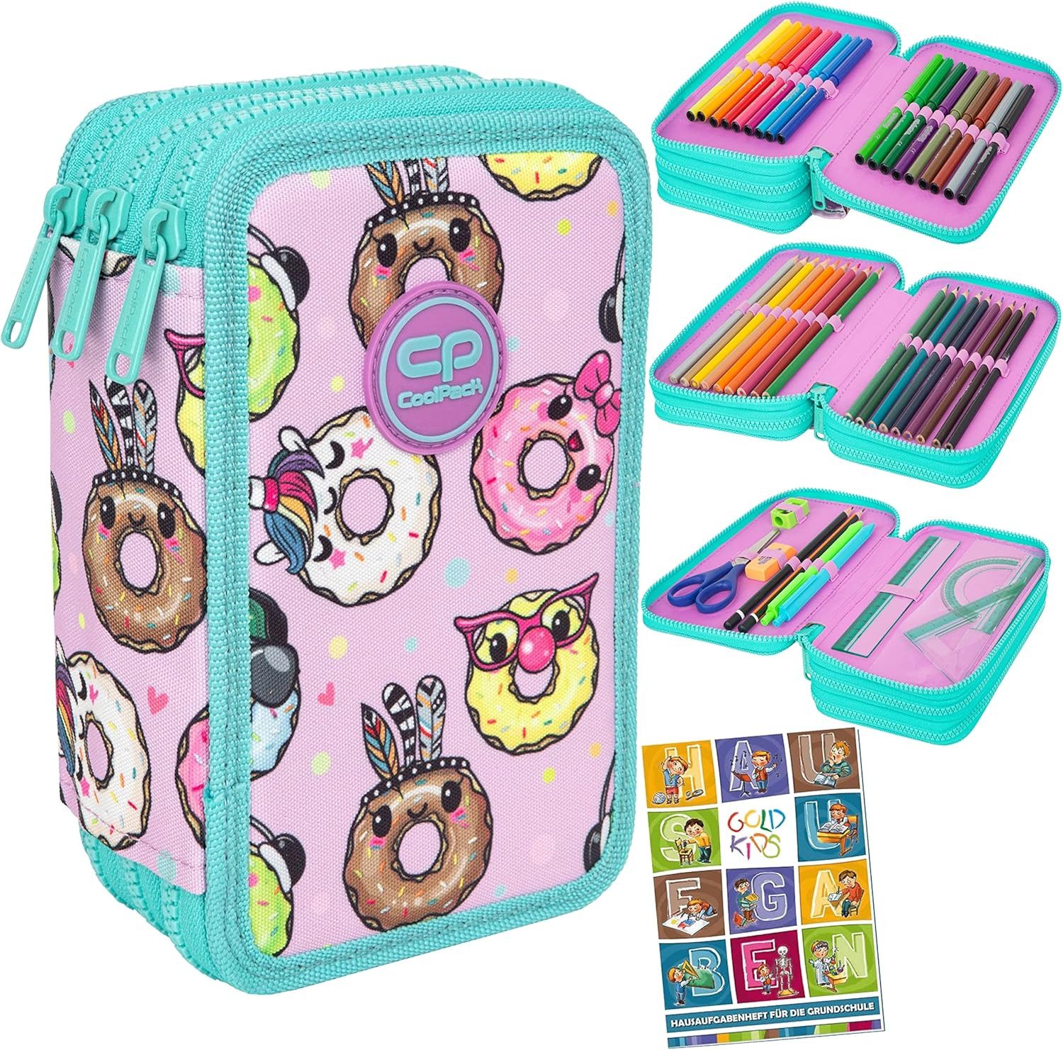 GOLDKIDS Пеналы Federtasche 3-fache Federmappe Happy Donuts, (46-teilig gefüllte Schüleretui Stifte und, 1-tlg., Pinsel inkl. Aufgabenheft Federbox Etui), Stiftetasche Schlamper-Etui Schul-Etui