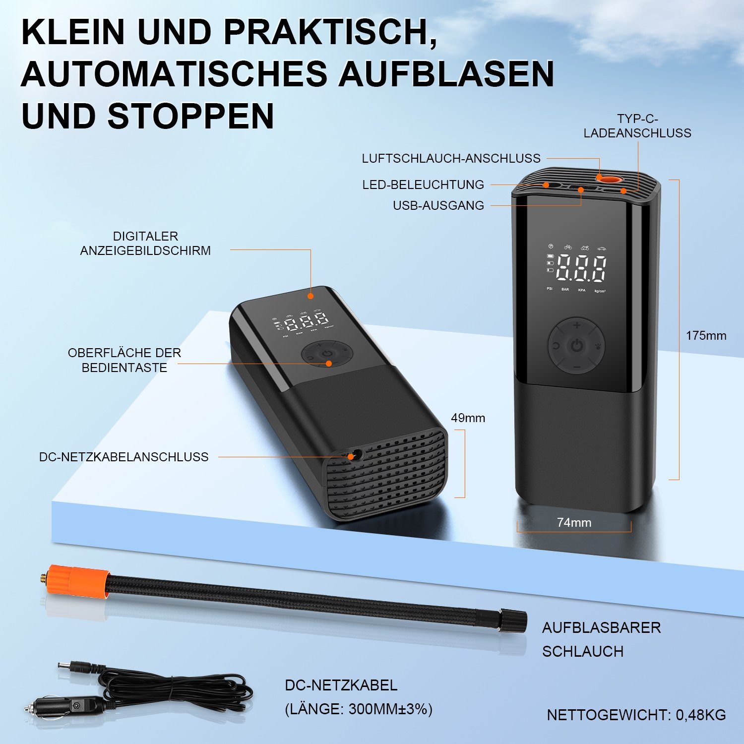 Schnelle Inflation】Elektrische Luftpumpe 6000mAh Akku Kompressor Universal  150PSI Fahrradpumpe Elektrisch Mini mit SOS-LED für Autoreifen Fahrrad  Motorrad Inbegriffen 2 Aufblasbarer Schlauch : : Auto & Motorrad