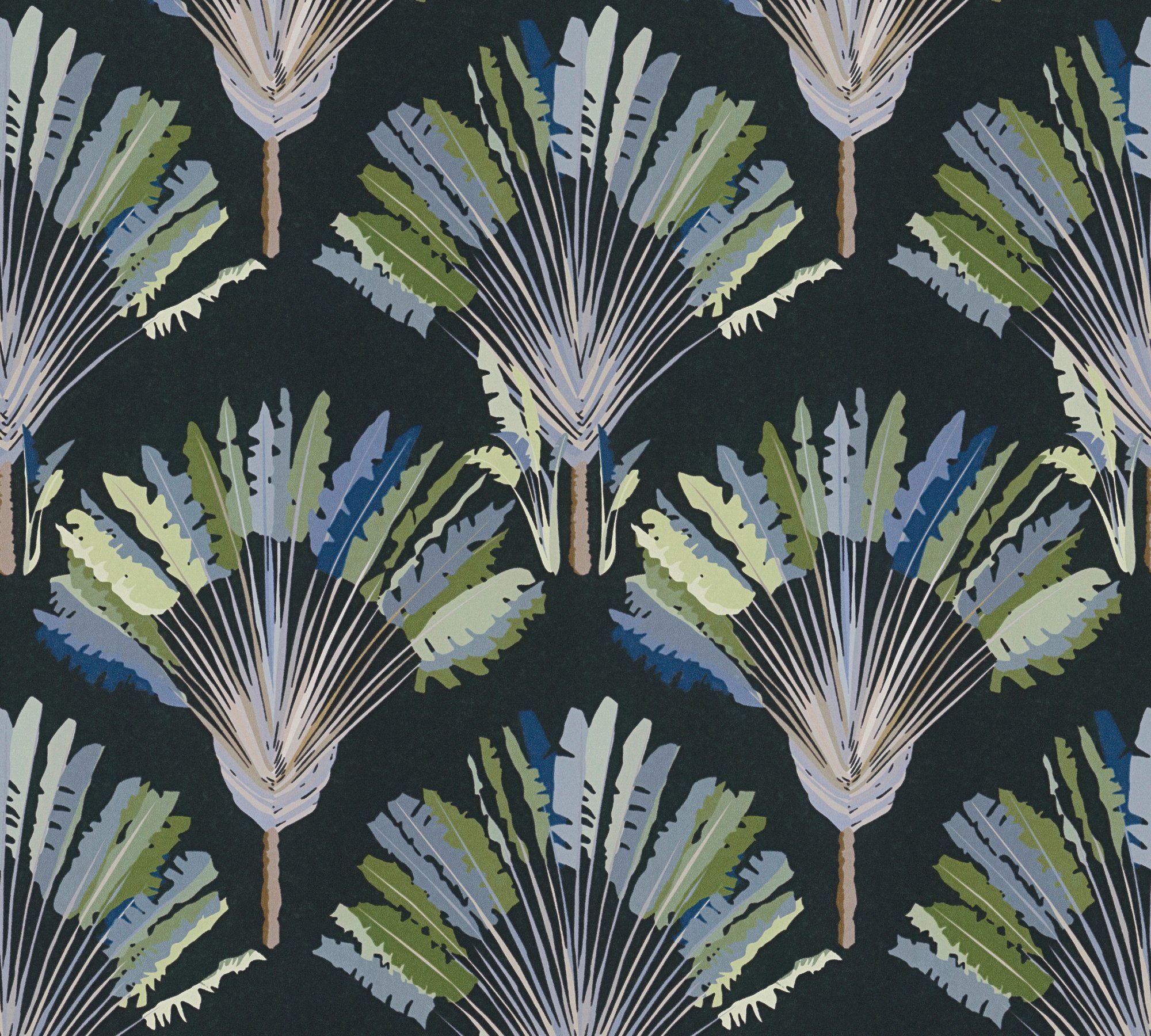 A.S. Création Architects Paper Vliestapete Jungle Chic, glatt, botanisch, floral, tropisch, Palmentapete Tapete Dschungel Federn grün/schwarz/blau