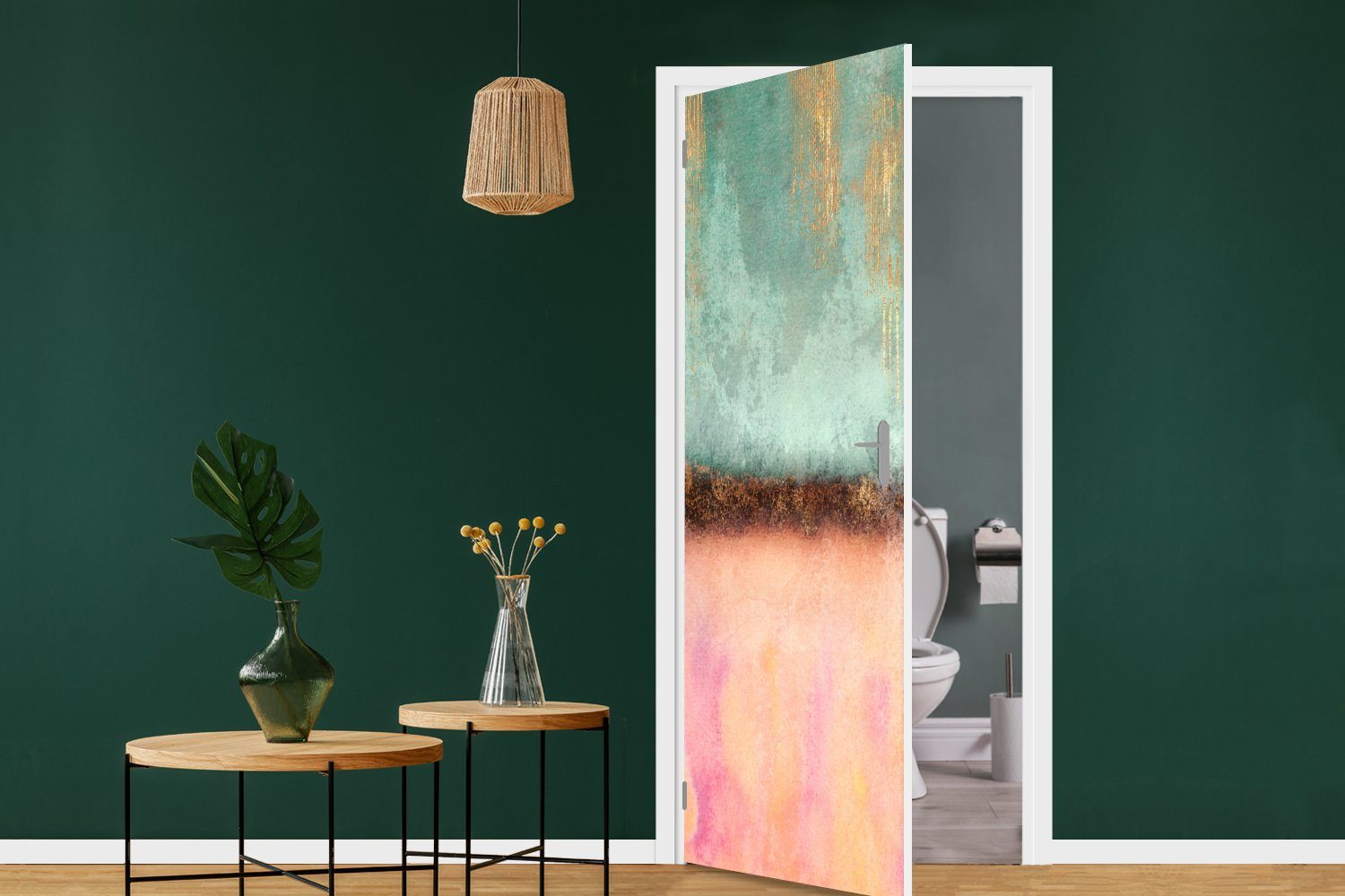 Matt, - - 75x205 cm Farbe St), Abstrakt Grün Türtapete Gold bedruckt, Tür, Fototapete - für Rosa, - MuchoWow Türaufkleber, (1