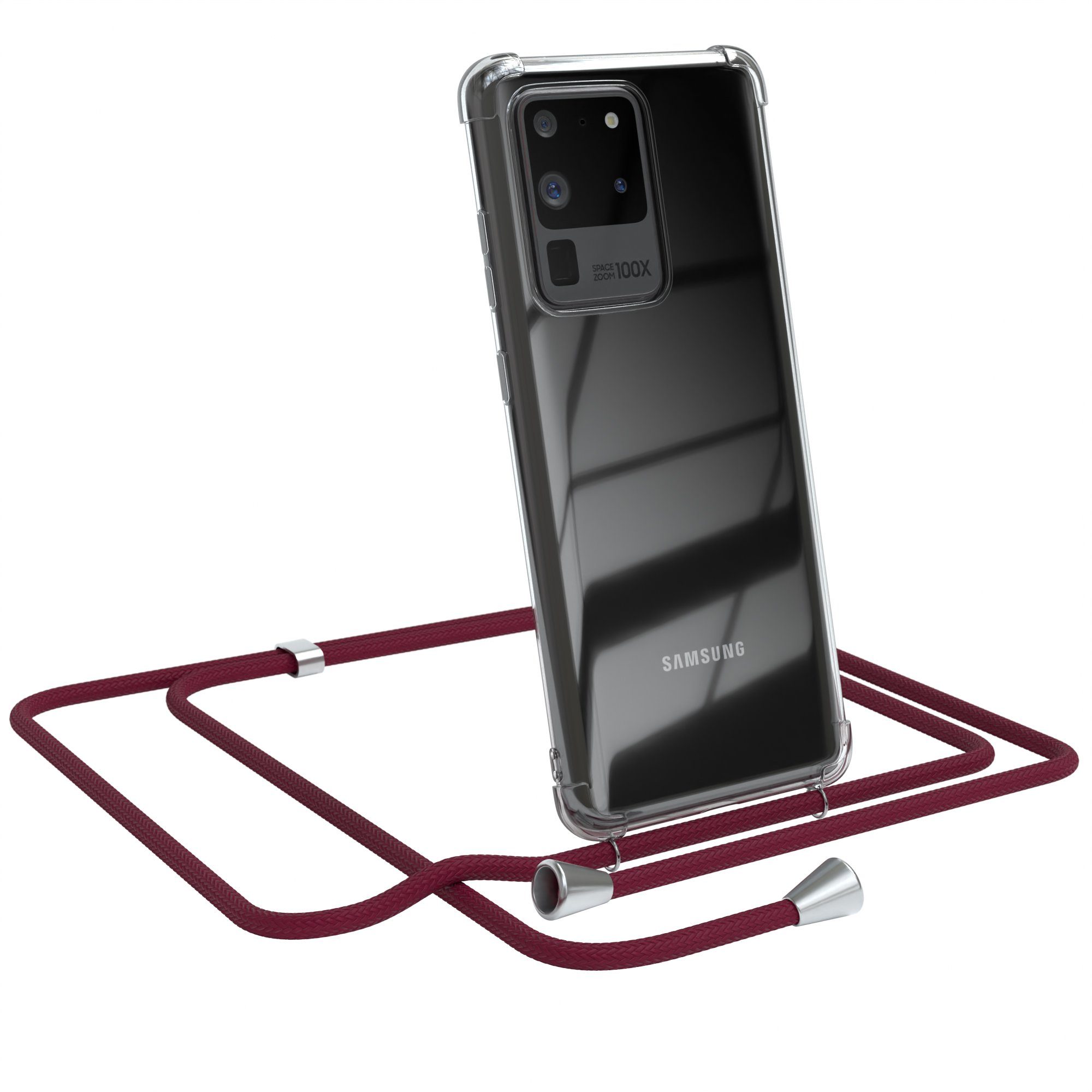 EAZY CASE Handykette Hülle mit Kette für Samsung Galaxy S20 Ultra / 5G 6,9 Zoll, Silikonhülle durchsichtig mit Umhängeband Handytasche Bordeaux Rot