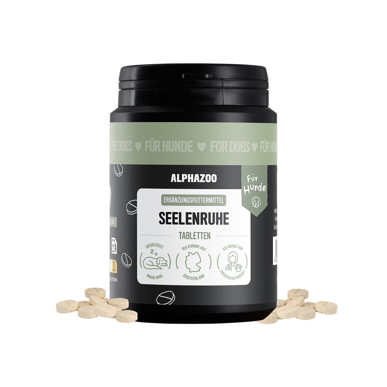 ALPHAZOO Seelenruhe Tabletten 180g Beruhigungstabletten für stressige Situationen, Ergänzungsfutter für: Hunde