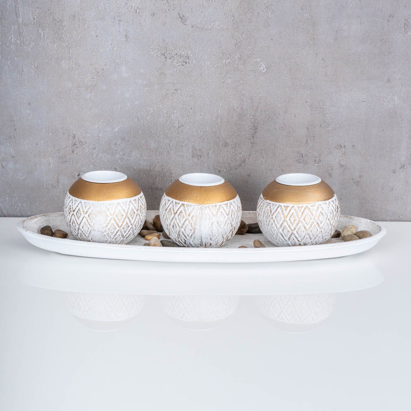 Levandeo® Teelichthalter mit Tablett, Deko-Tablett Kerzenhalter L39cm Weiß günstig online kaufen