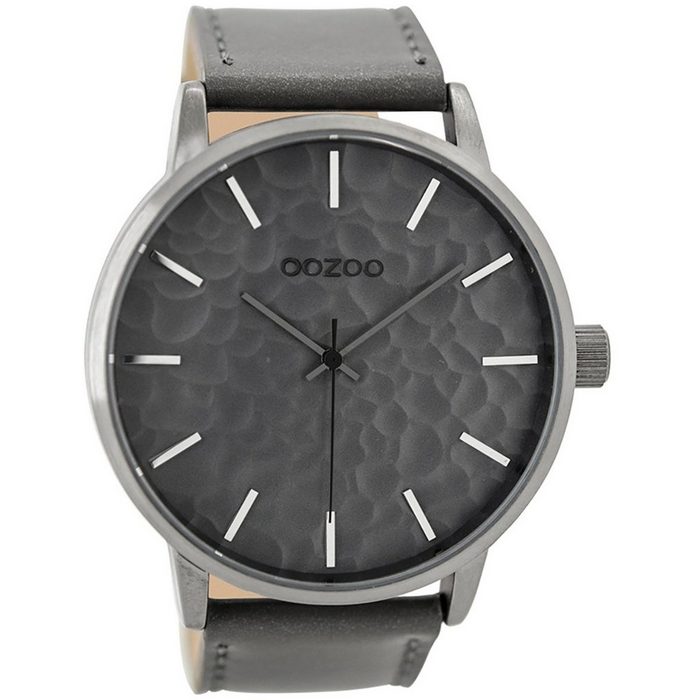OOZOO Quarzuhr Oozoo Herren Armband-Uhr grau (Armbanduhr) Herrenuhr rund extra groß (ca. 48mm) Lederarmband Fashion-Style