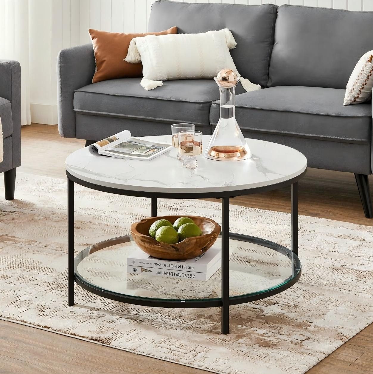 VASAGLE Couchtisch, Beistelltisch, Ø 65/80 x 46cm, Marmoroptik, Hartglasablage unten