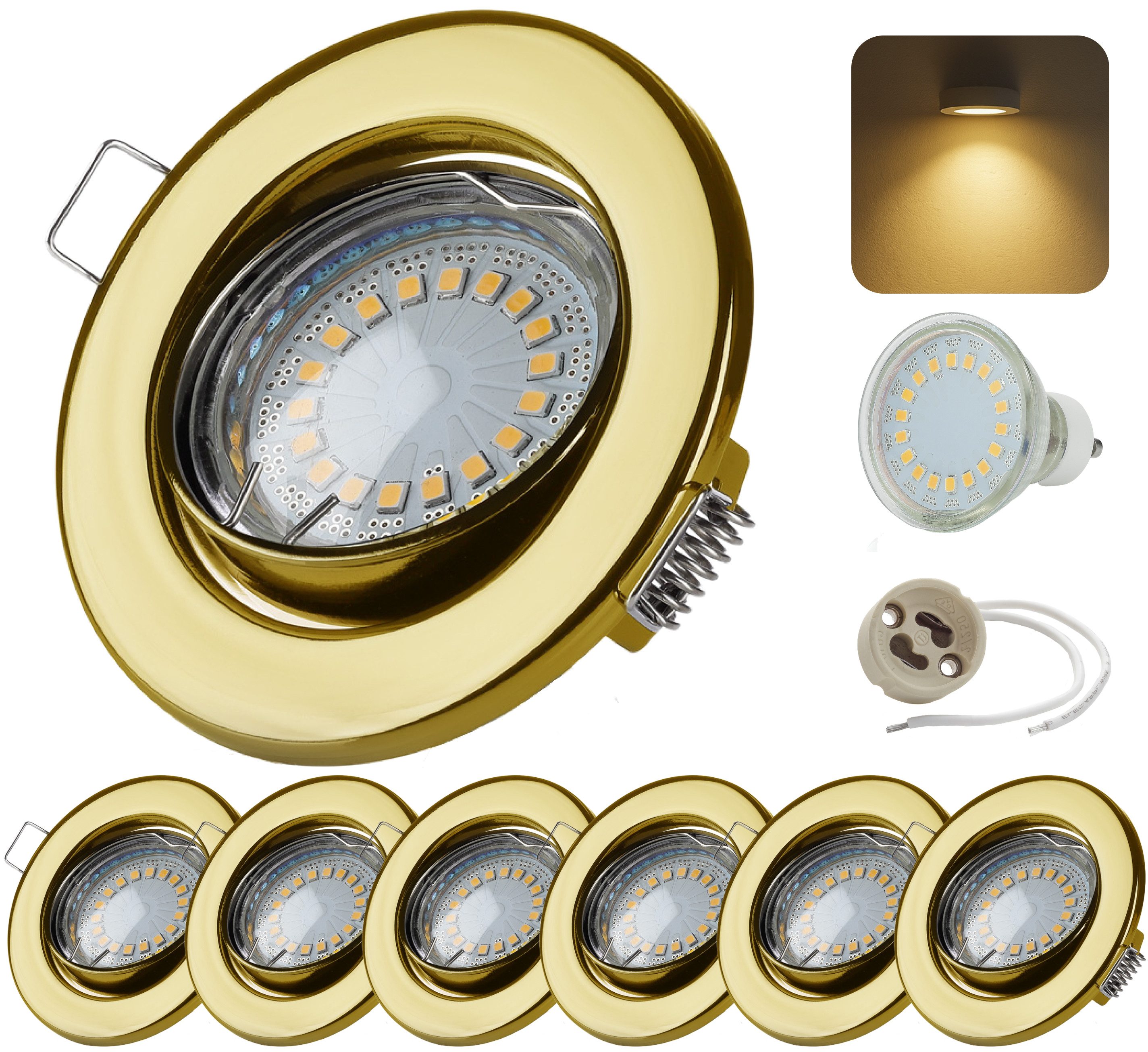 Sweet LED LED Einbaustrahler GU10 6er Set Gold 5W 3000K warmweiß LED Einbauspots 230V schwenkbar, Deckenspots, Deckenstrahler,Einbauleuchten