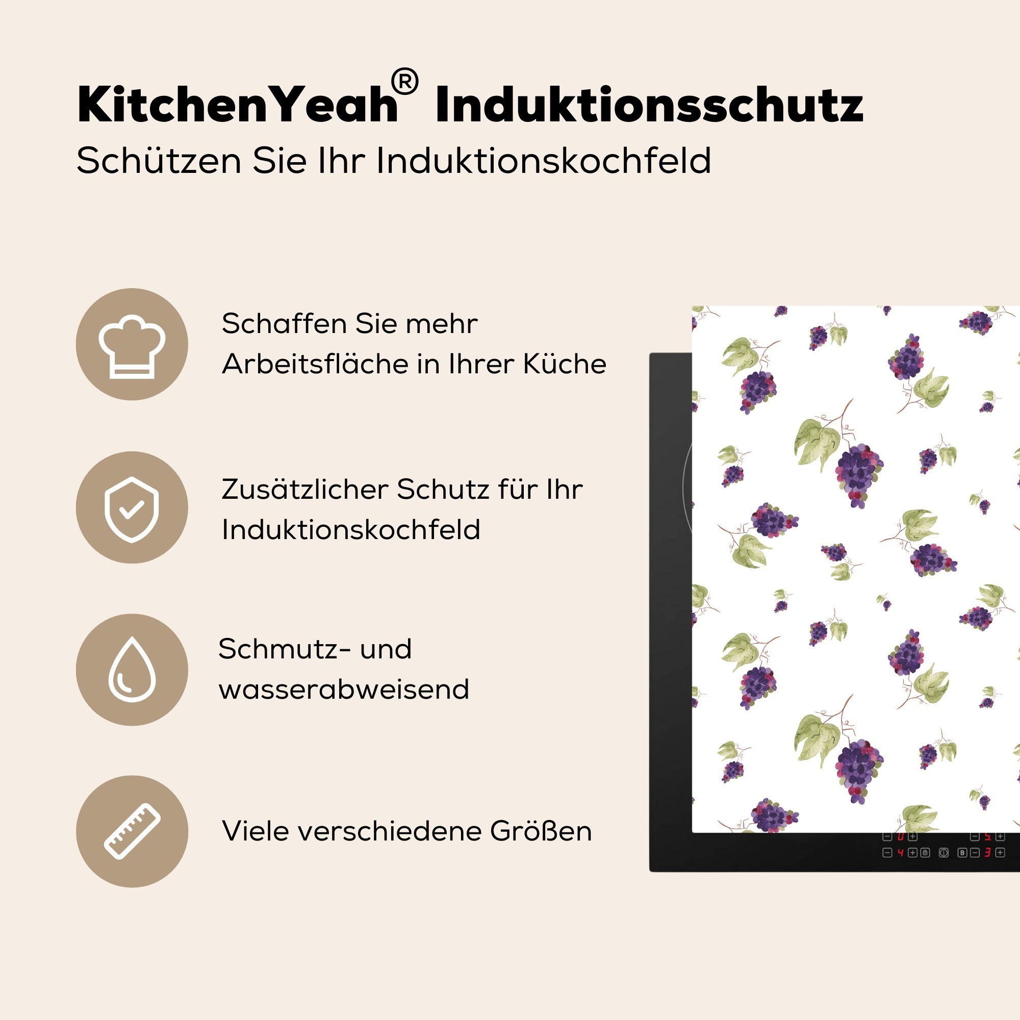 MuchoWow Herdblende-/Abdeckplatte Weintrauben küche - cm, 78x78 - Muster, Arbeitsplatte tlg), für (1 Blau Vinyl, Ceranfeldabdeckung
