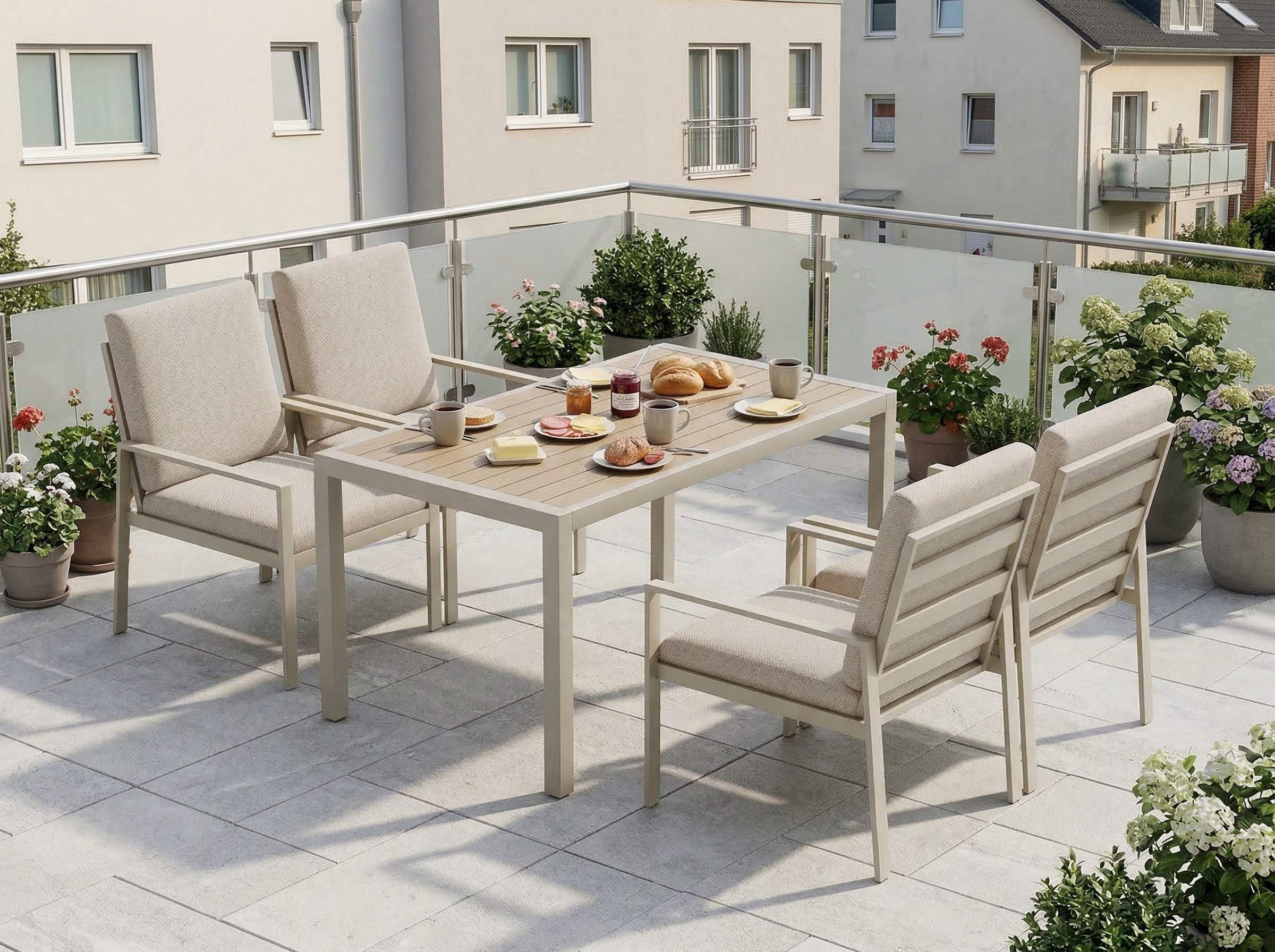MeXo Gartenlounge-Set Gartenmöbel Set Aluminium Outdoor, (Garten-Essgruppe für 4 Personen, 5-tlg., mit Polywood Tisch & Auflagen), wetterfest für Terrasse & Garten