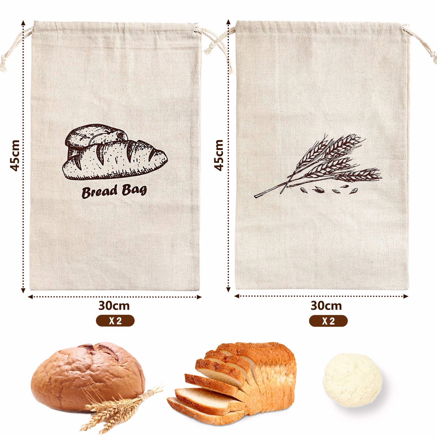 Agger Brottasche Leinen-Brotbeutel für selbstgebackenes Brot 45cm×30cm – 4 Stück, (4-tlg), Wiederverwendbar, große Aufbewahrung für handwerkliches Brot – Bild 2 von 5