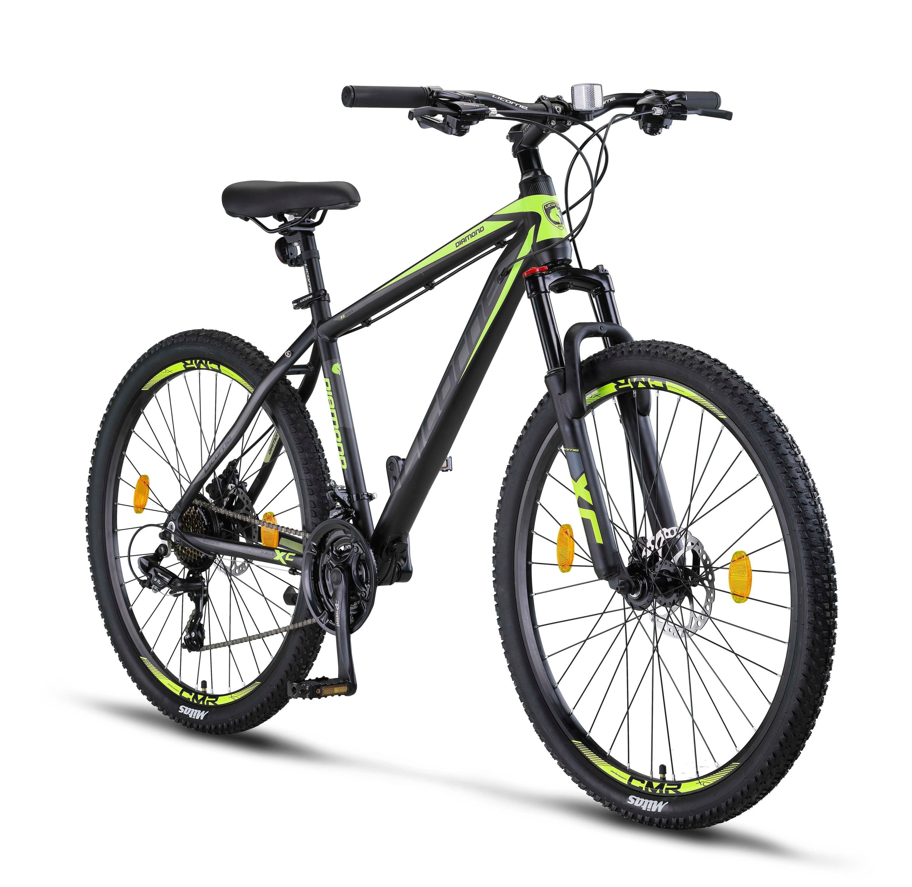 Licorne Bike Mountainbike 26, 27.5 und 21 29 Gang Diamond Bike Alu Mountainbike Schwarz-Lime Licorne Zoll, Premium