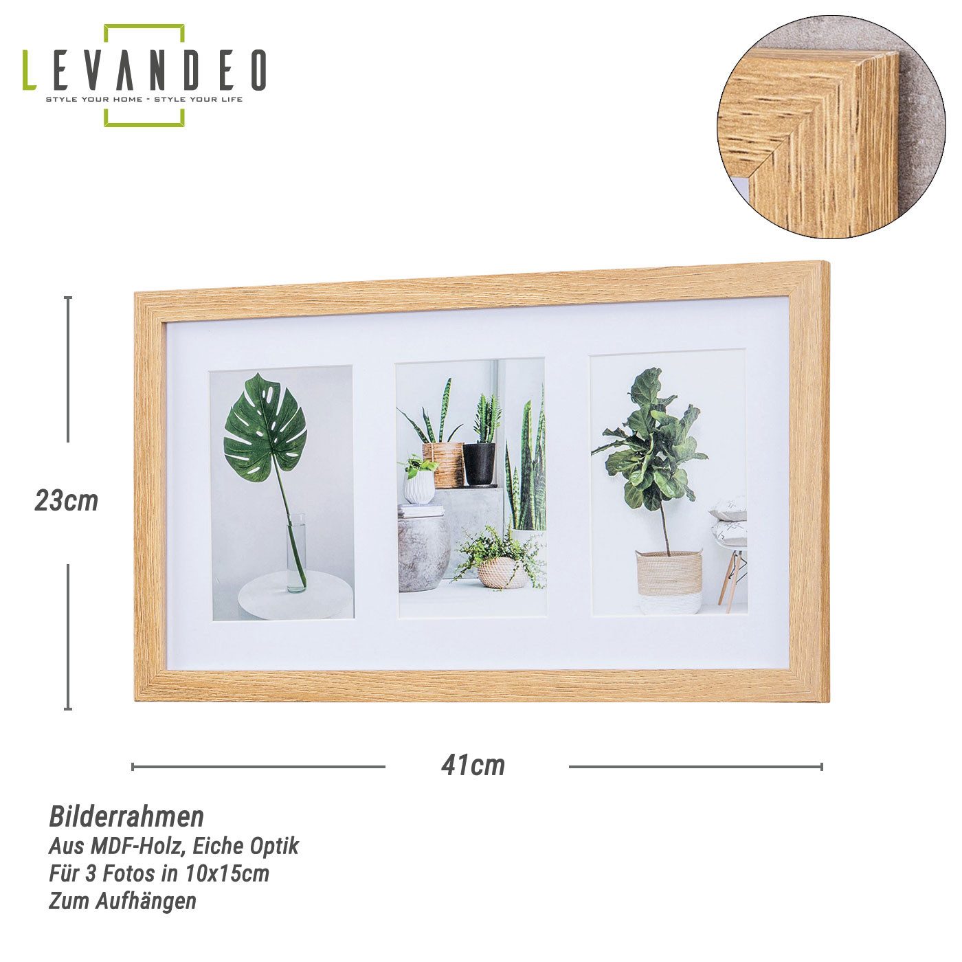 Levandeo® Bilderrahmen Collage, Bilderrahmen Collage 3 Fotos 10x15cm Eiche günstig online kaufen