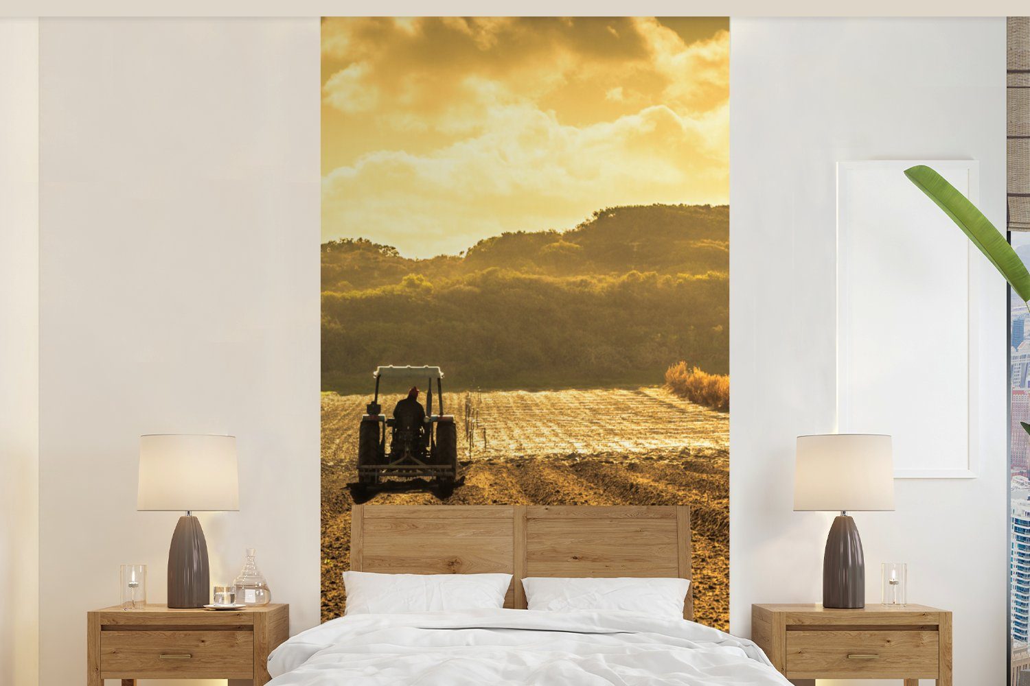 MuchoWow Fototapete Traktor - Bauernhof - Berg, Matt, bedruckt, (2 St), Vliestapete für Wohnzimmer Schlafzimmer Küche, Fototapete