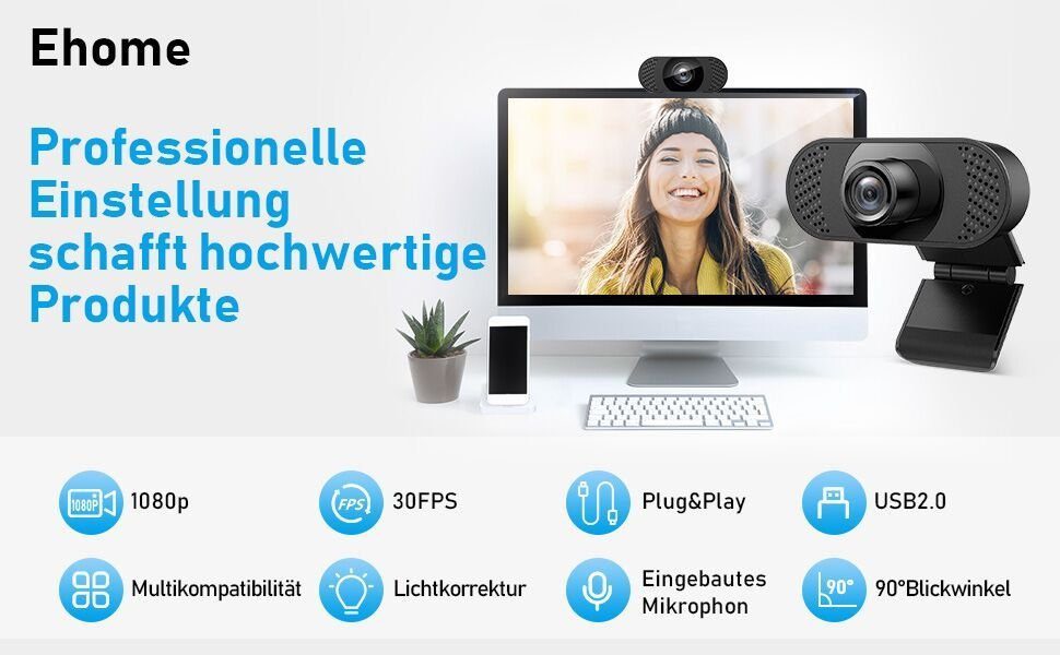 Diyarts Full HD-Webcam (Full HD 1080P, USB 2.0 (kabelgebunden), Full HD 1080P Webcam mit Mikrofon, 90° Weitwinkel, Plug & Play)