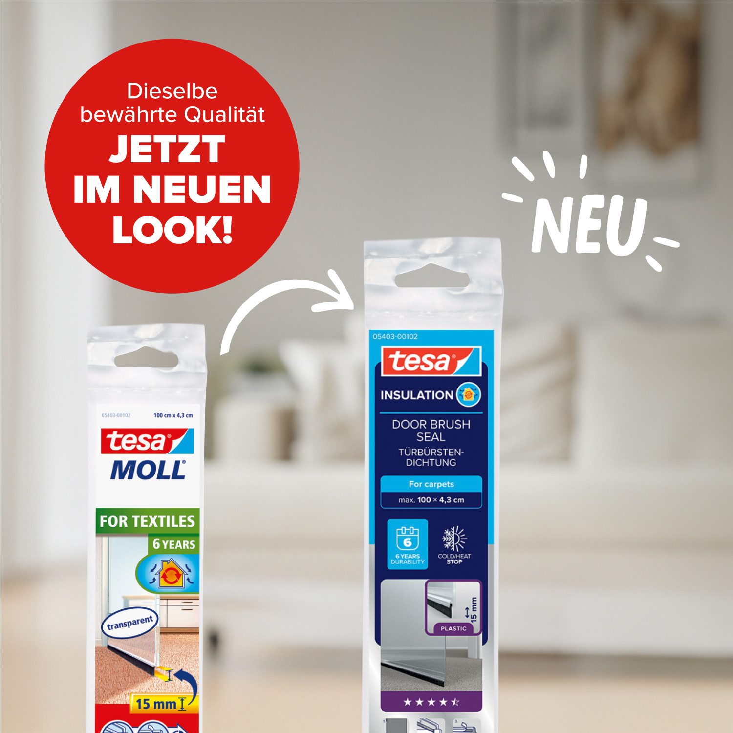 tesa Türbodendichtung INSULATION Türdichtschiene für Textilböden/Teppich, (Packung, 1-St., Türdichtschiene transparent - mit Bürstendichtung bis 15 mm), selbstklebende Türdichtung zum Schutz vor Zugluft