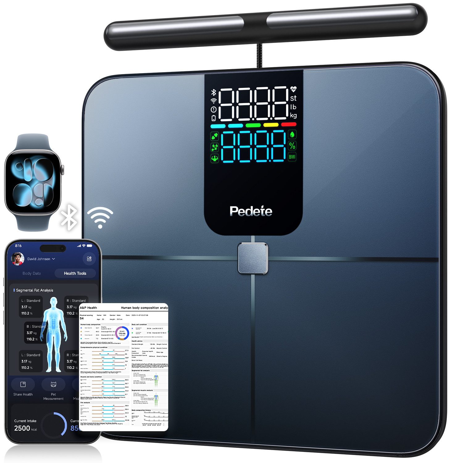 ibettertec Körper-Analyse-Waage Fitness Körperfettwaage mit 8 sensoren,Bluetooth, LED-Anzeige, mit App zur Übertragung und Tracking der Messwerte, Körper & Viszeralfett, Muskelmasse, BMI & RMR,Tragkraft 180 kg