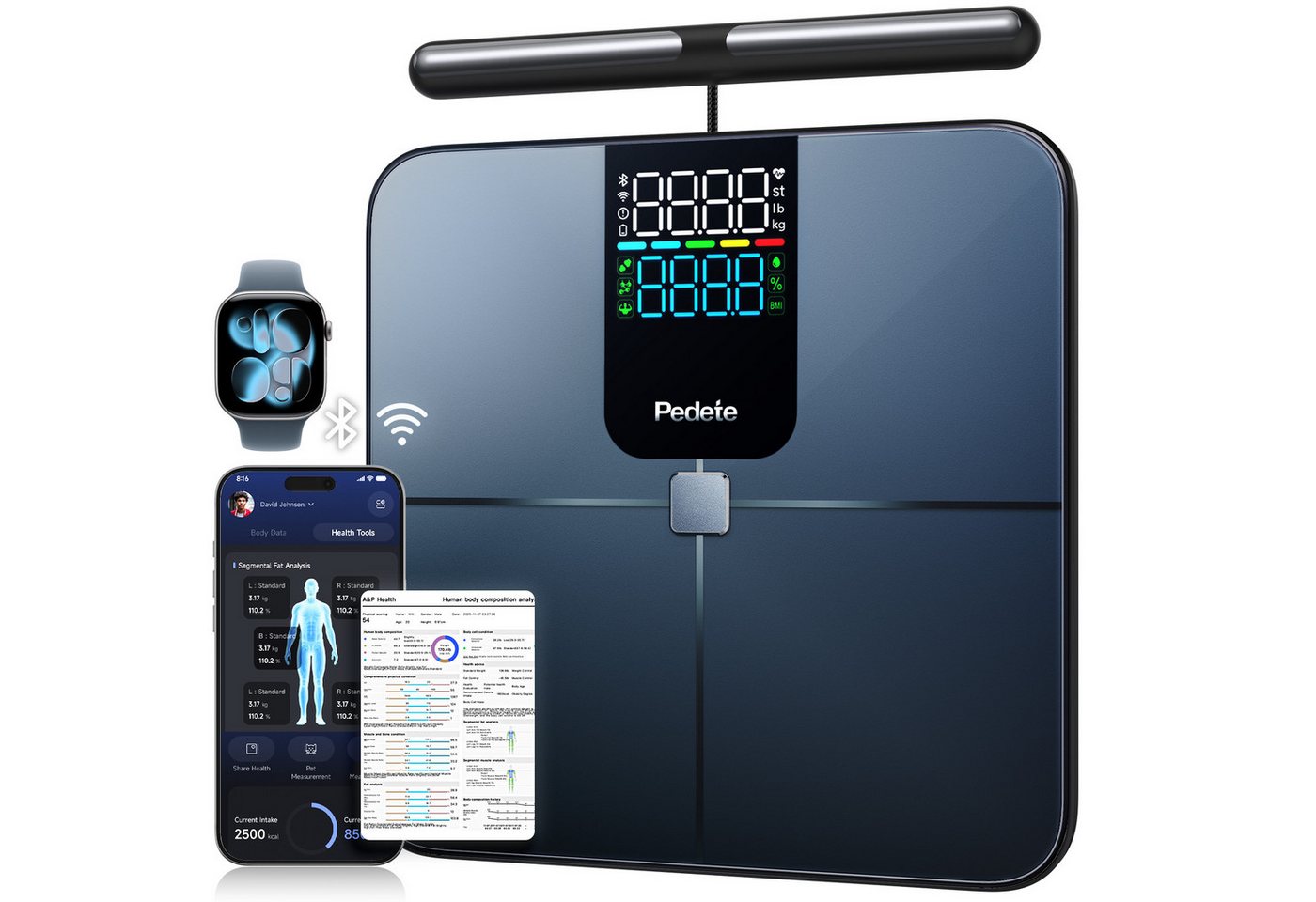 ibettertec Körper-Analyse-Waage Fitness Körperfettwaage mit 8 sensoren,Bluetooth, LED-Anzeige, mit App zur Übertragung und Tracking der Messwerte, Körper & Viszeralfett, Muskelmasse, BMI & RMR,Tragkraft 180 kg