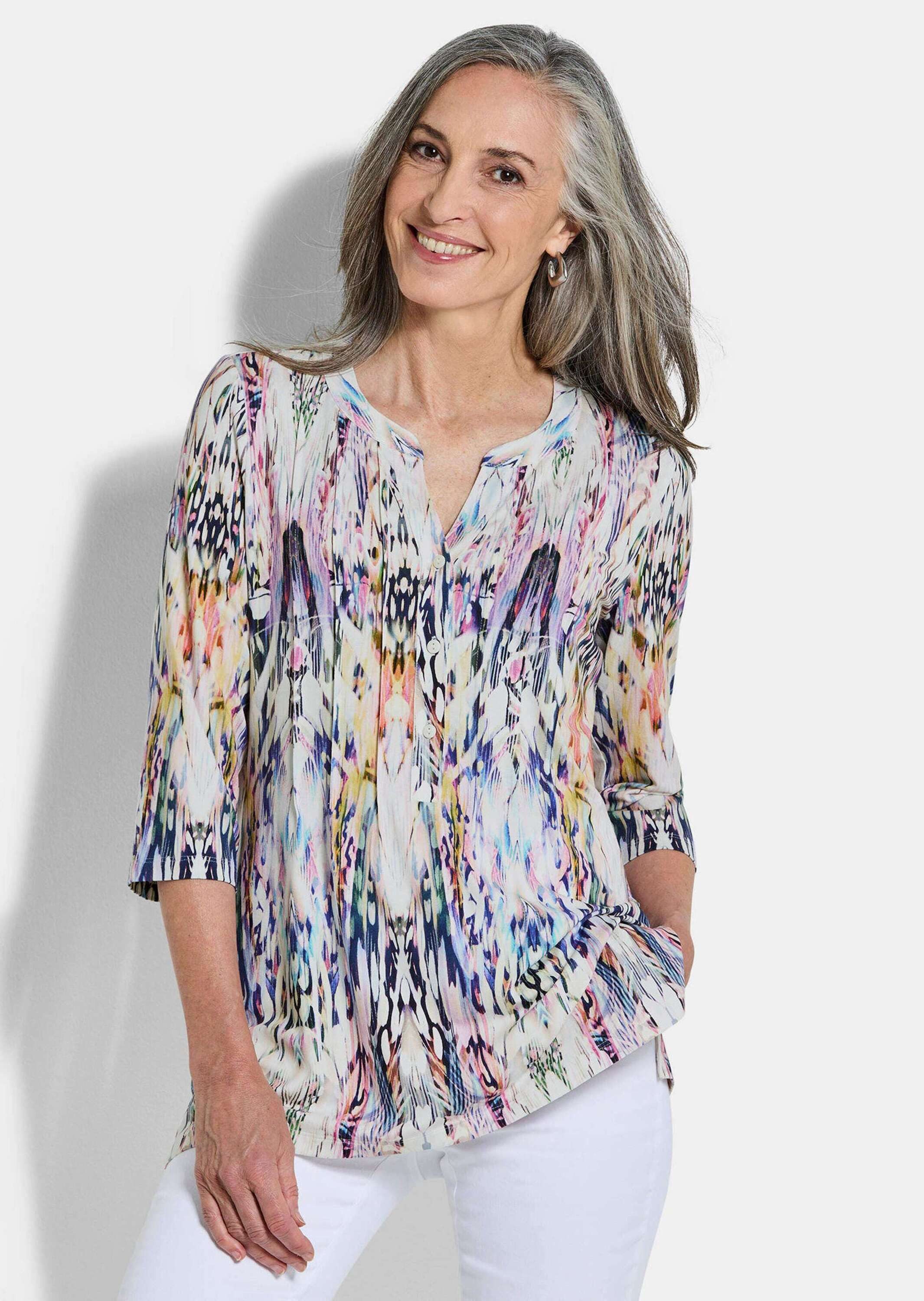 GOLDNER Tunika Sommertunika mit Biesen Druckbluse mit U-Boot-Ausschnitt mit V, Seitenschlitzen und 3/4-Arm