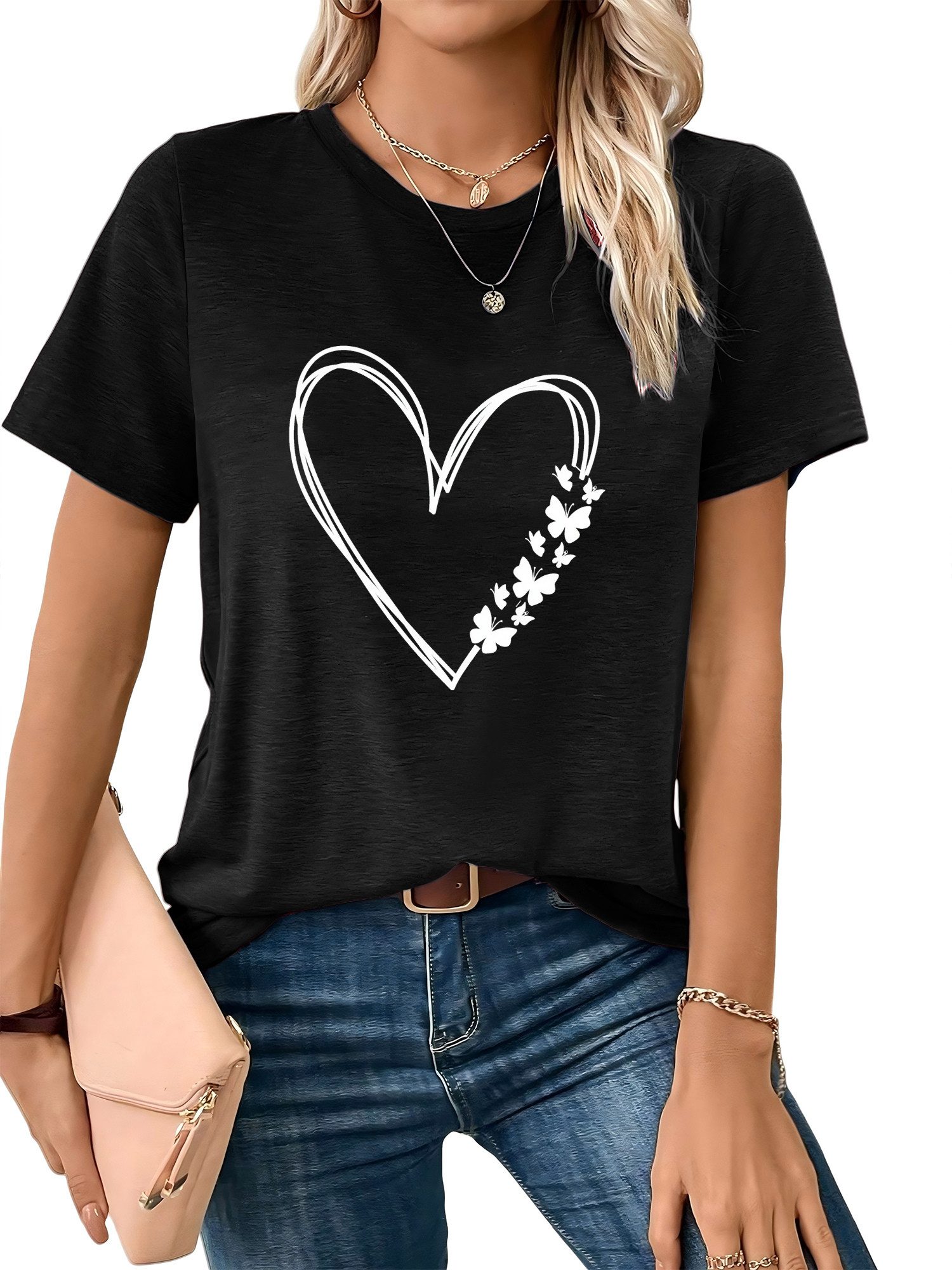 PYLIKE Print-Shirt Bequemes Shirt Damen Kurzarm Sommer Basic-Shirt mit ausg günstig online kaufen