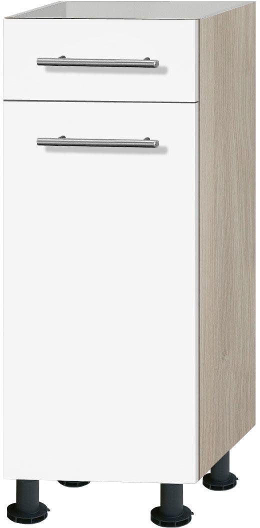 OPTIFIT Unterschrank Bern 30 cm breit, mit 1 Tür und Schubkasten, mit höhenverstellbaren Füßen weiß Hochglanz/akaziefarben | akaziefarben