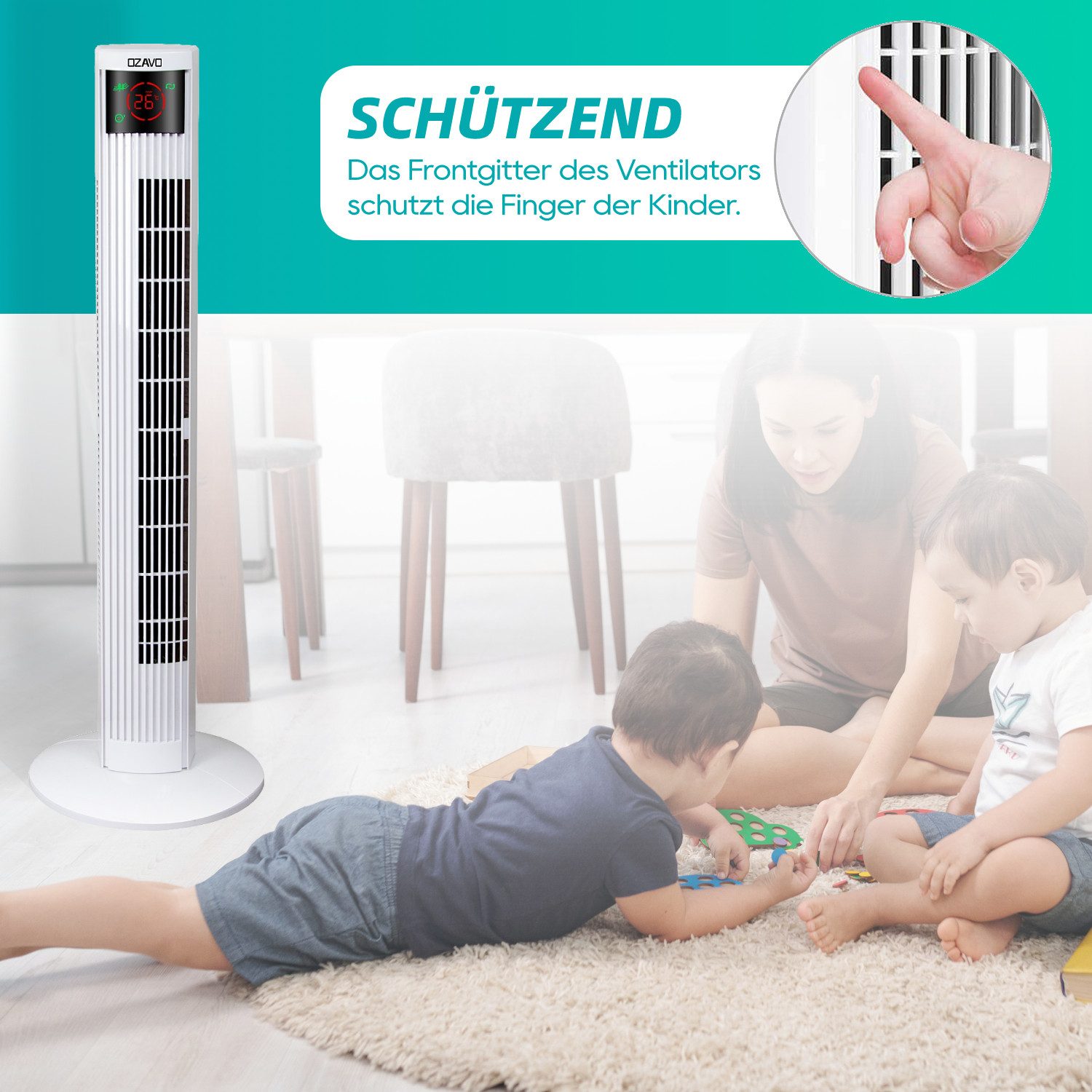 OZAVO Turmventilator OZ1618 Ventilator leise 70° Oszillation,3 Modi,95,5cm, 12h Timer, Standventilator mit Fernbedienung,3 Geschwindigkeiten