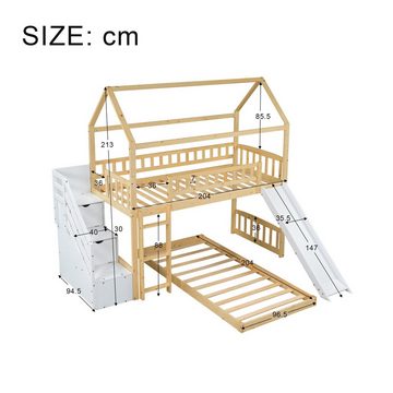 EXTSUD Kinderbett Etagenbetten mit Treppe, Handläufe, rechtwinklige Leitern, Stauraum, Babybett mit Zaun und Gitter, natur + weiß (90x200 cm)