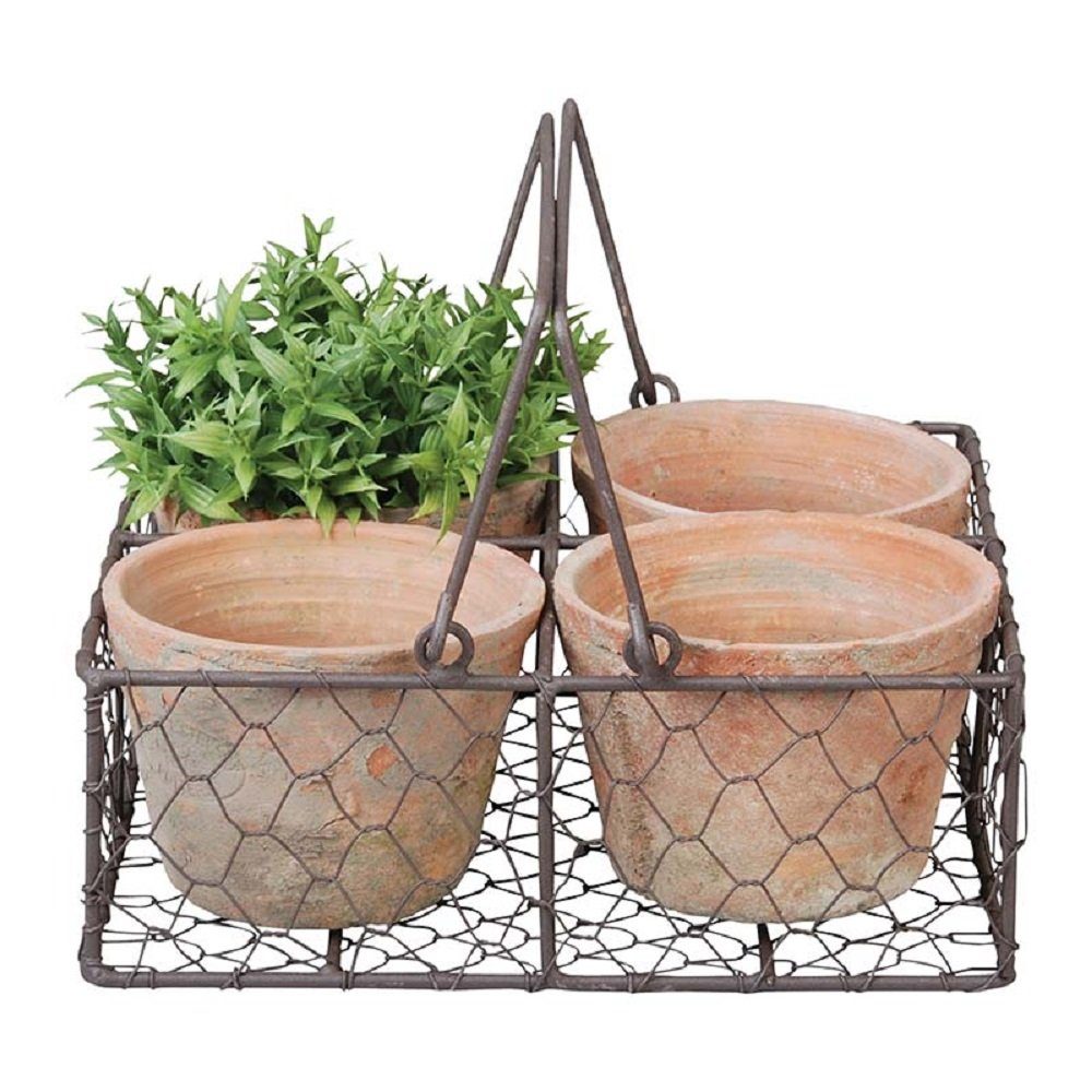 esschert design Übertopf Stilvoll präsentiert: 4 Terracotta Blumentöpfe in elegantem Drahtkorb