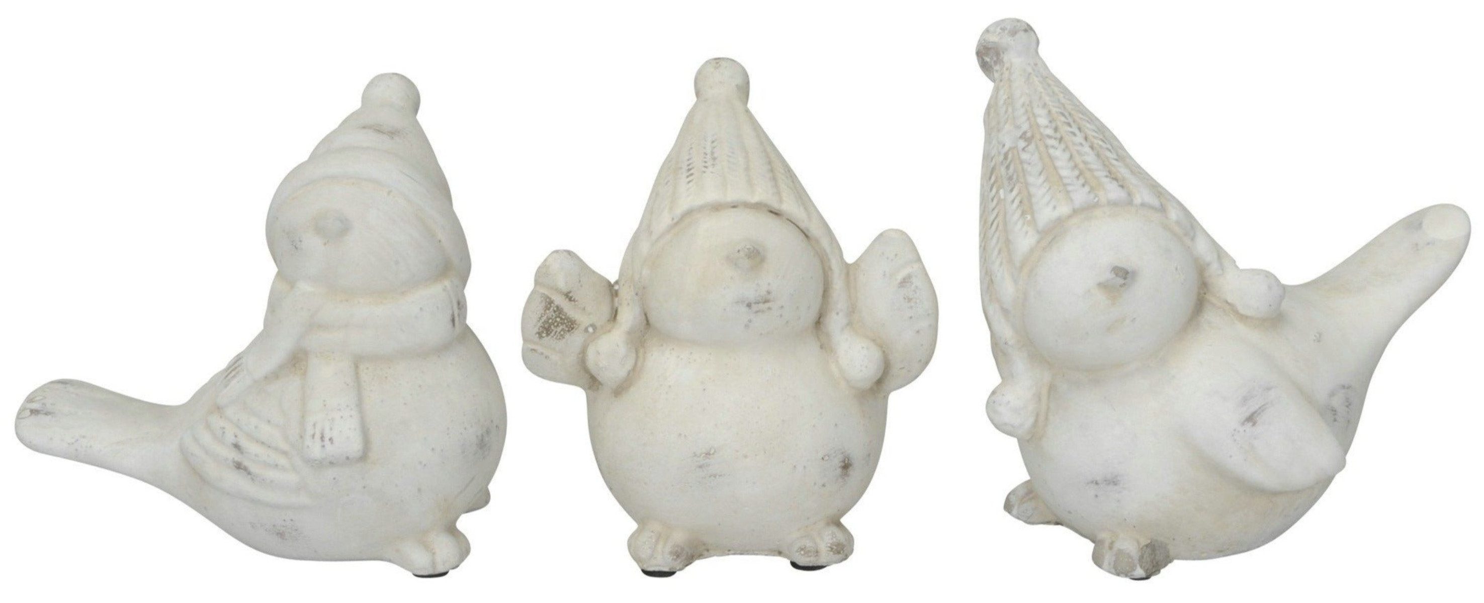 Dekofigur Vogel mit Mütze Zement 3erSet creme Herbstdeko 16x H15 cm Skulptur
