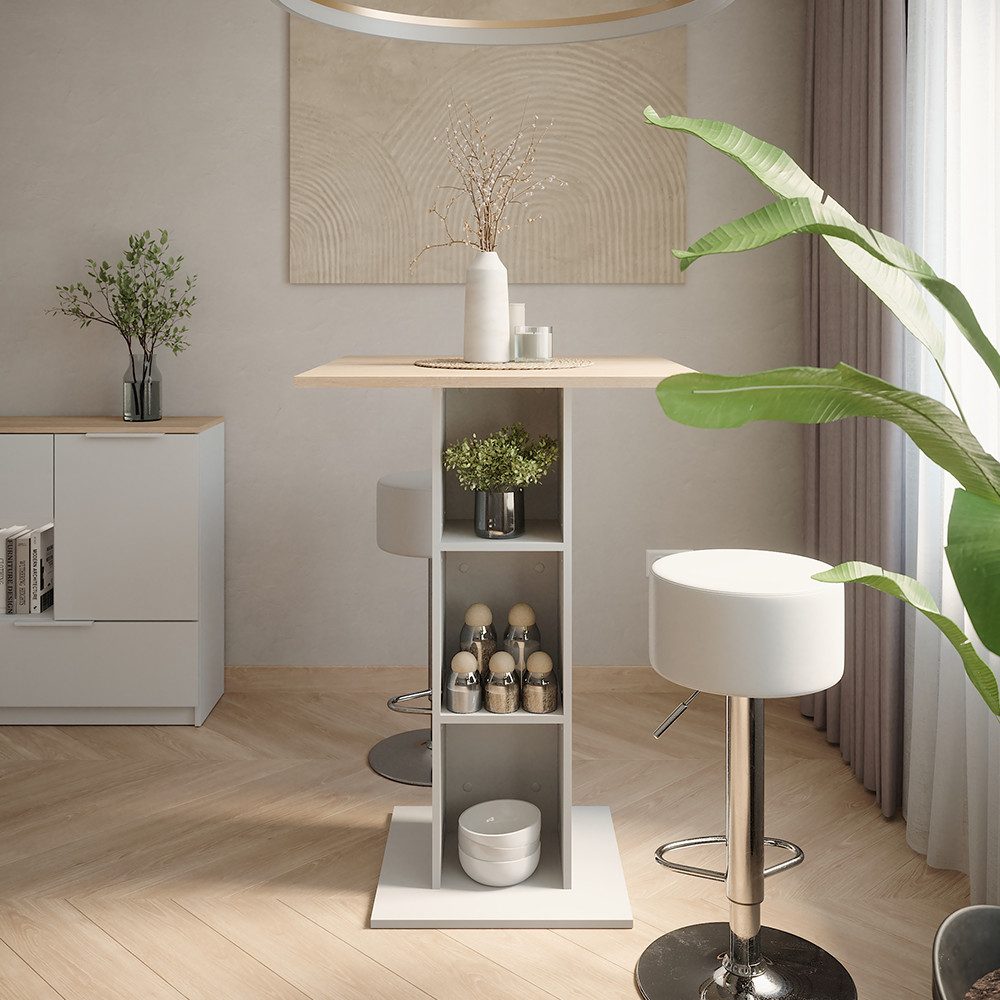 Vicco Bartisch Repose, Weiß/Sonoma/Weiß, 75 x 75 cm mit 2 Barhockern (3-St)