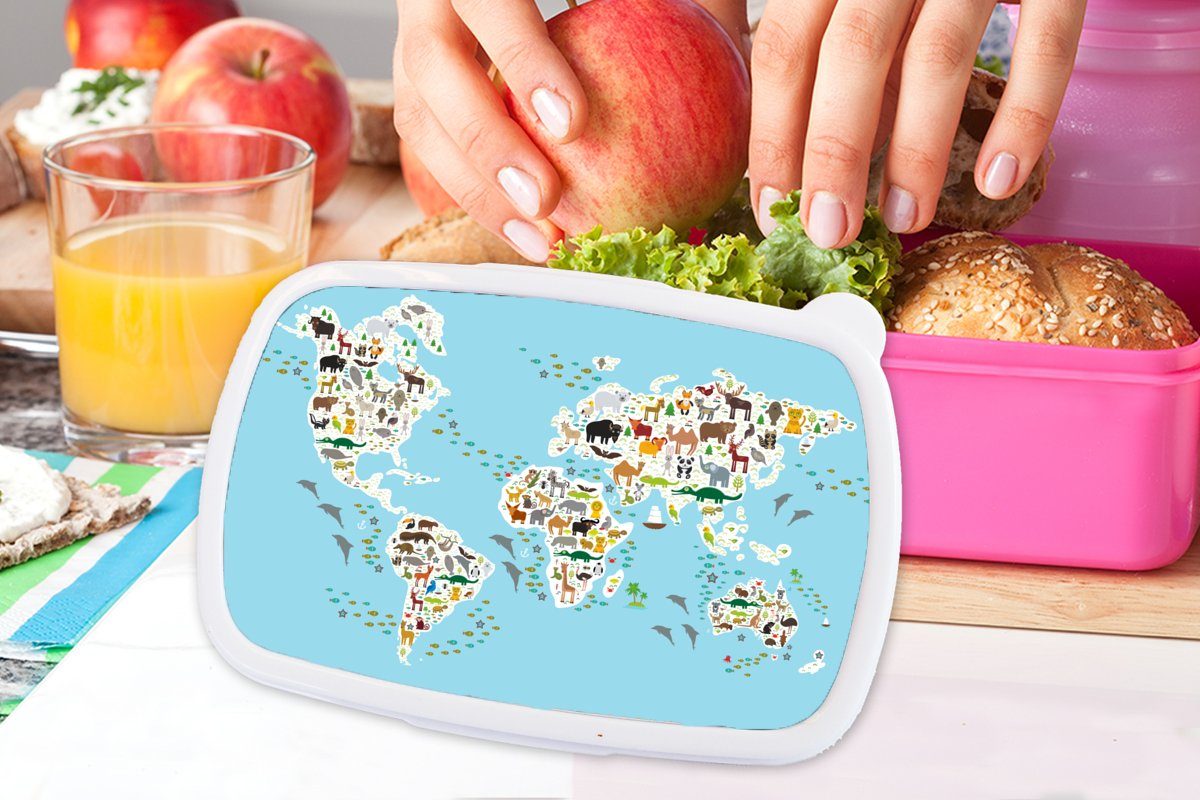 MuchoWow Lunchbox Weltkarte - Kunststoff Blau Kinder, - Kinder Snackbox, Brotdose - für Mädchen, Jungen Tiere - Brotbox Kunststoff, Erwachsene, (2-tlg), Mädchen, rosa 